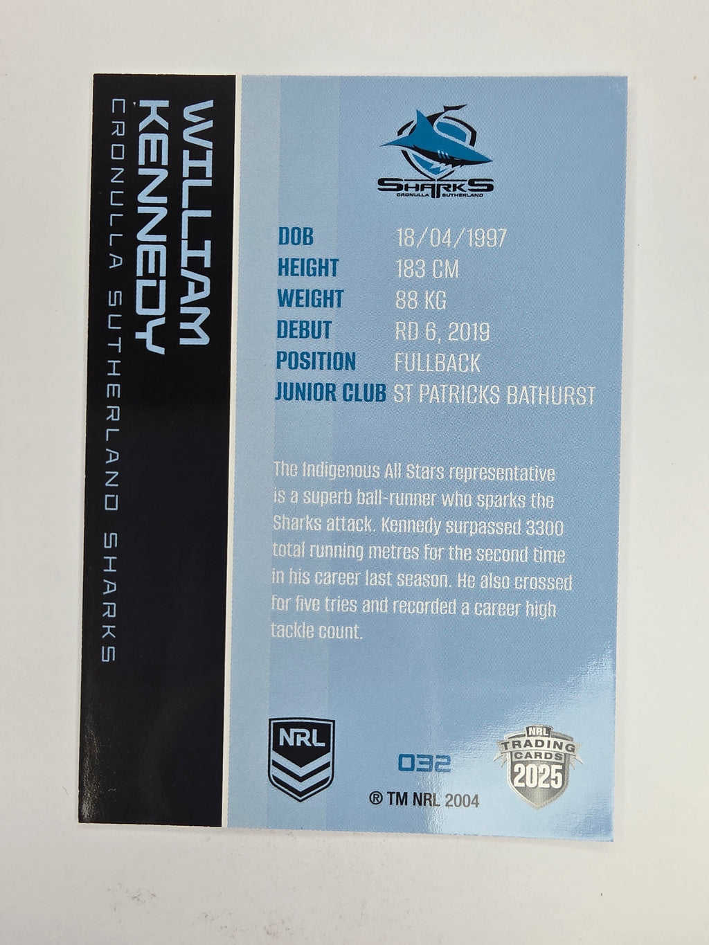 NRL 2025 Traders Base Card #032 William Kennedy Cronulla Sutherland Sharks