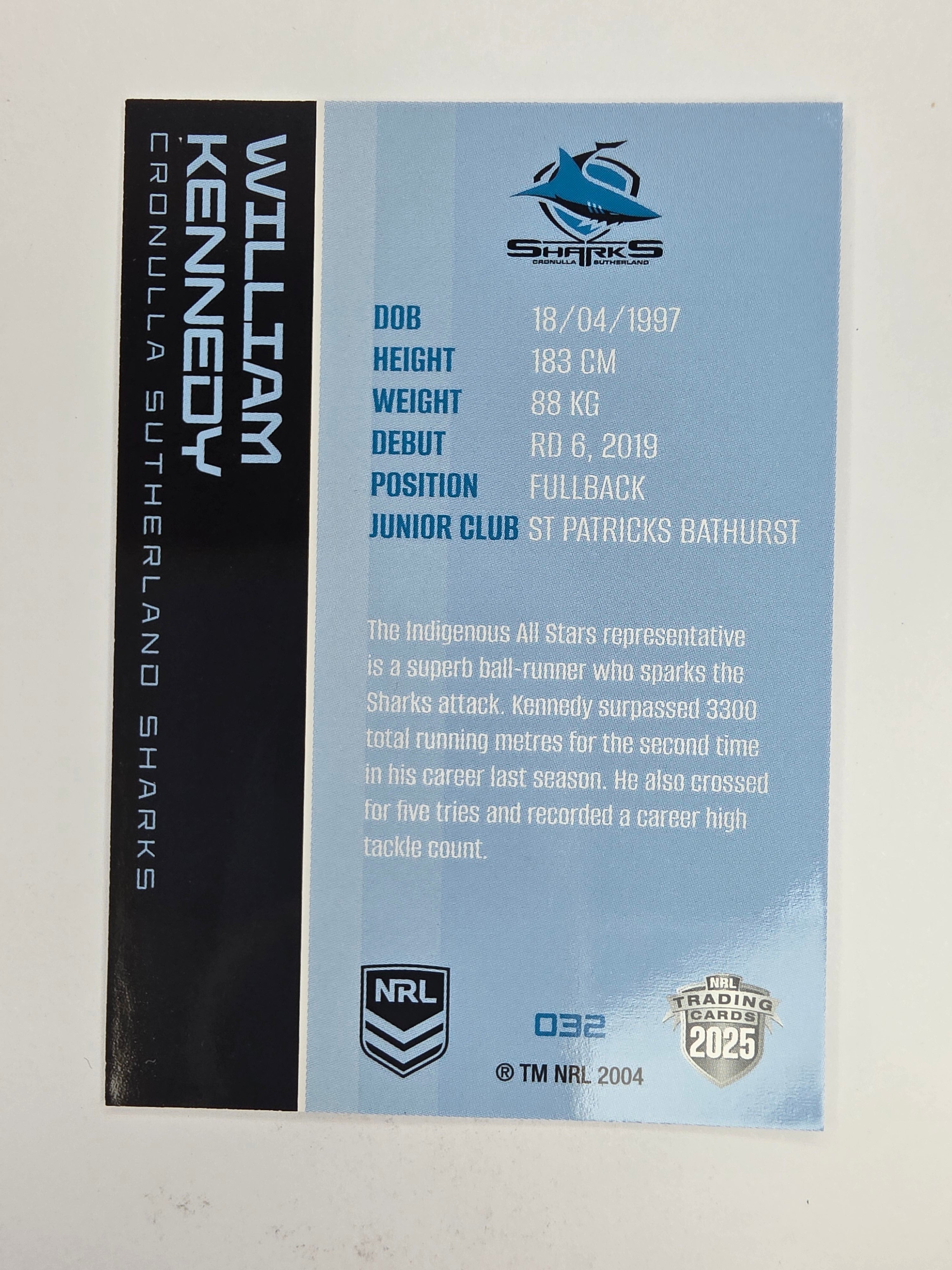 NRL 2025 Traders Base Card #032 William Kennedy Cronulla Sutherland Sharks