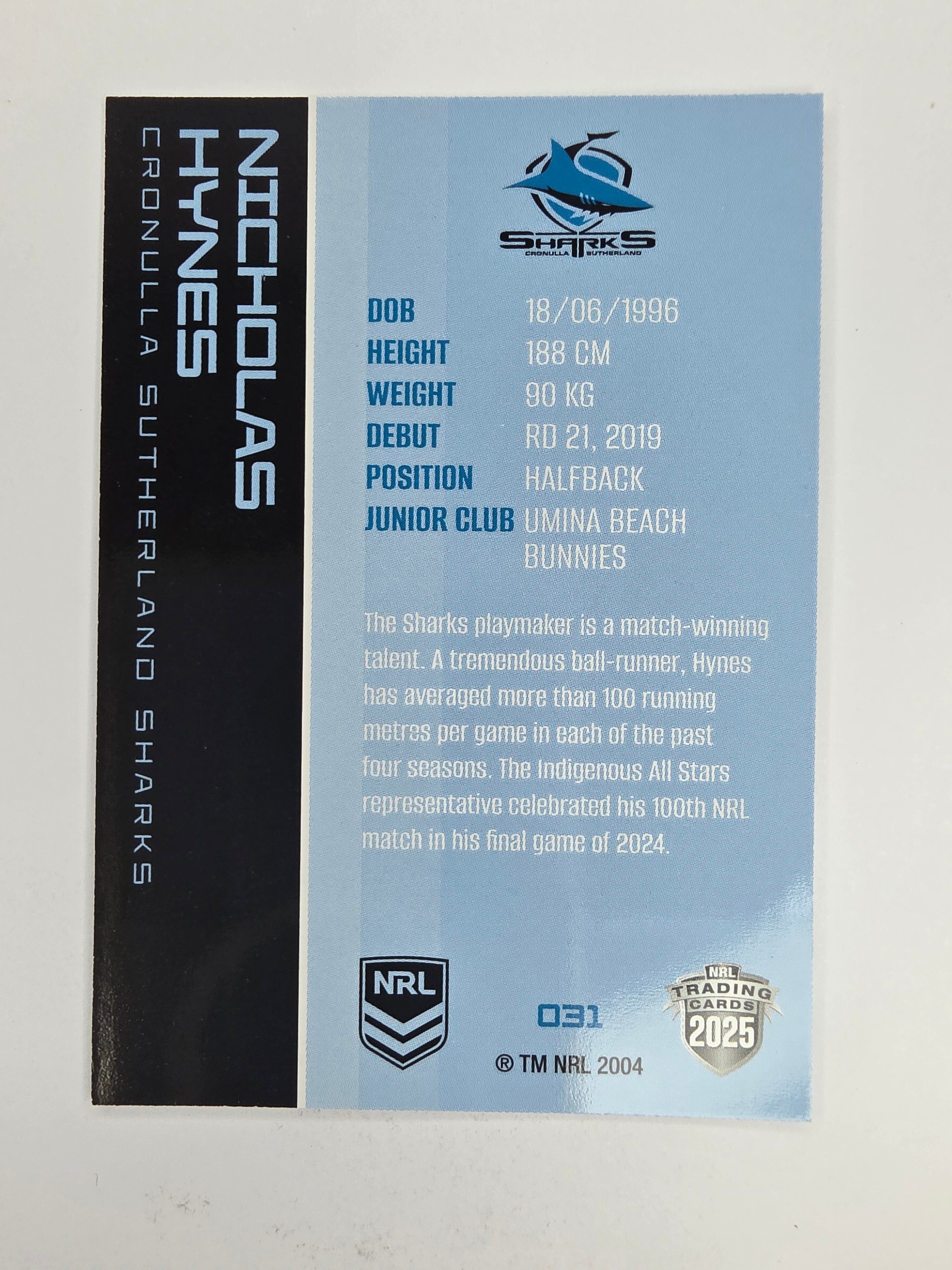 NRL 2025 Traders Base Card #031 Nicholas Hynes McInnes Cronulla Sutherland Sharks