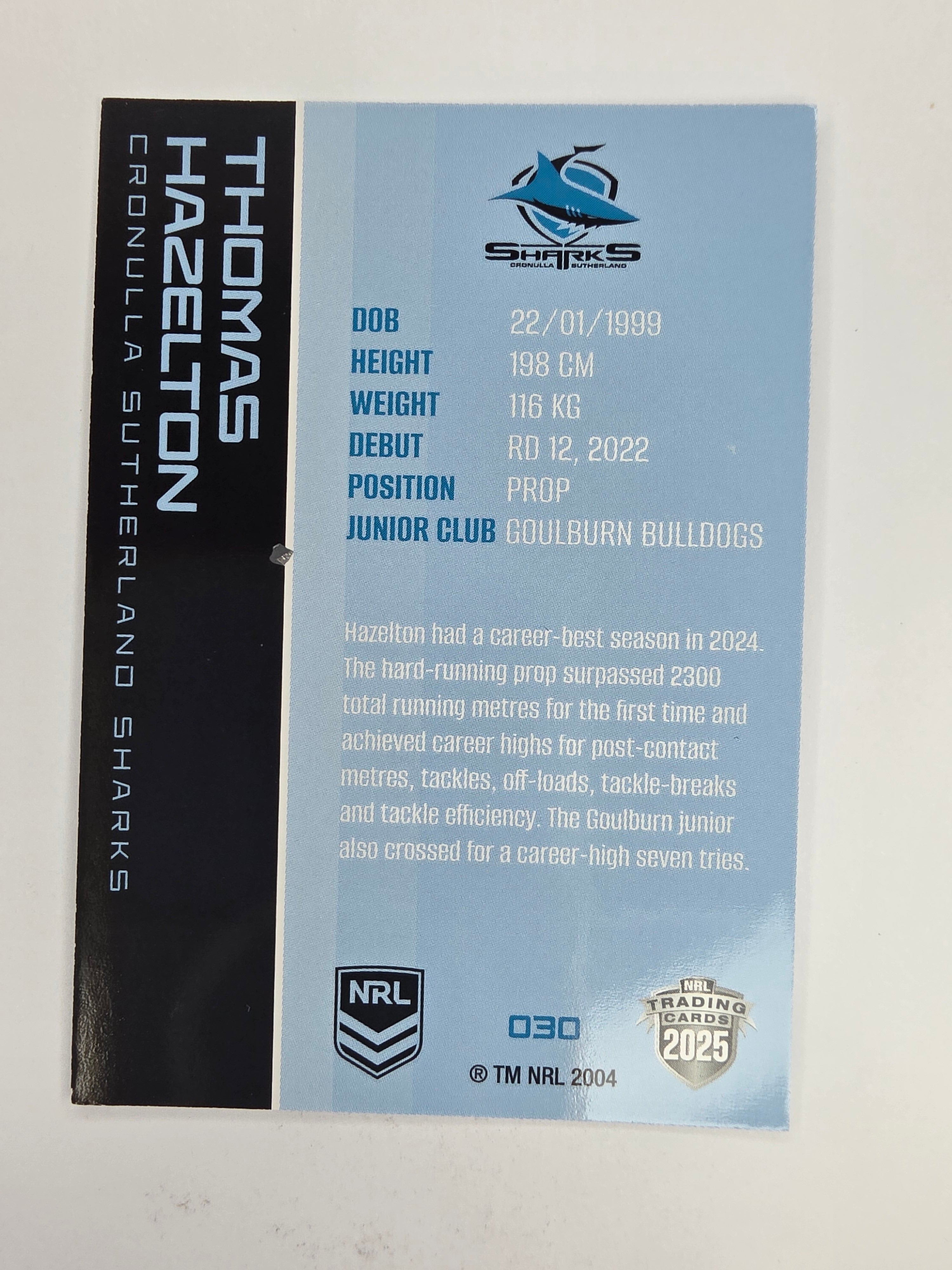 NRL 2025 Traders Base Card #030 Thomas Hazelton Cronulla Sutherland Sharks