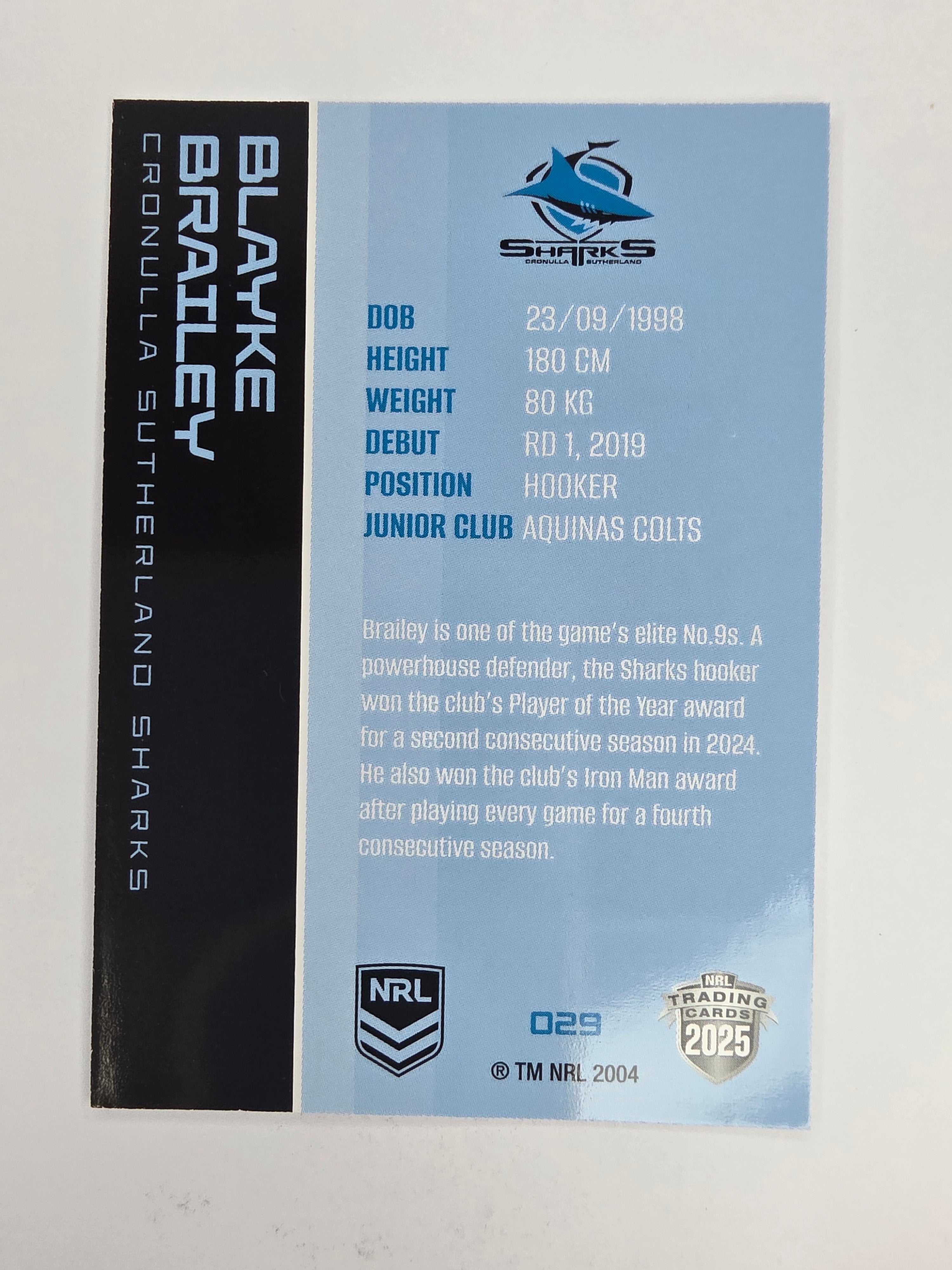 NRL 2025 Traders Base Card #029 Blake Brailey Cronulla Sutherland Sharks