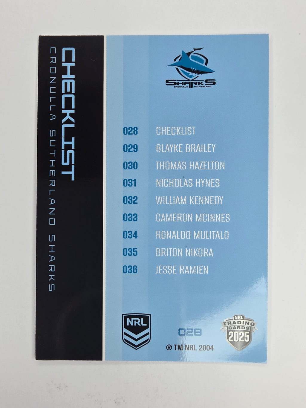 NRL 2025 Traders Base Card #028 Sharks Checklist Cronulla Sutherland Sharks
