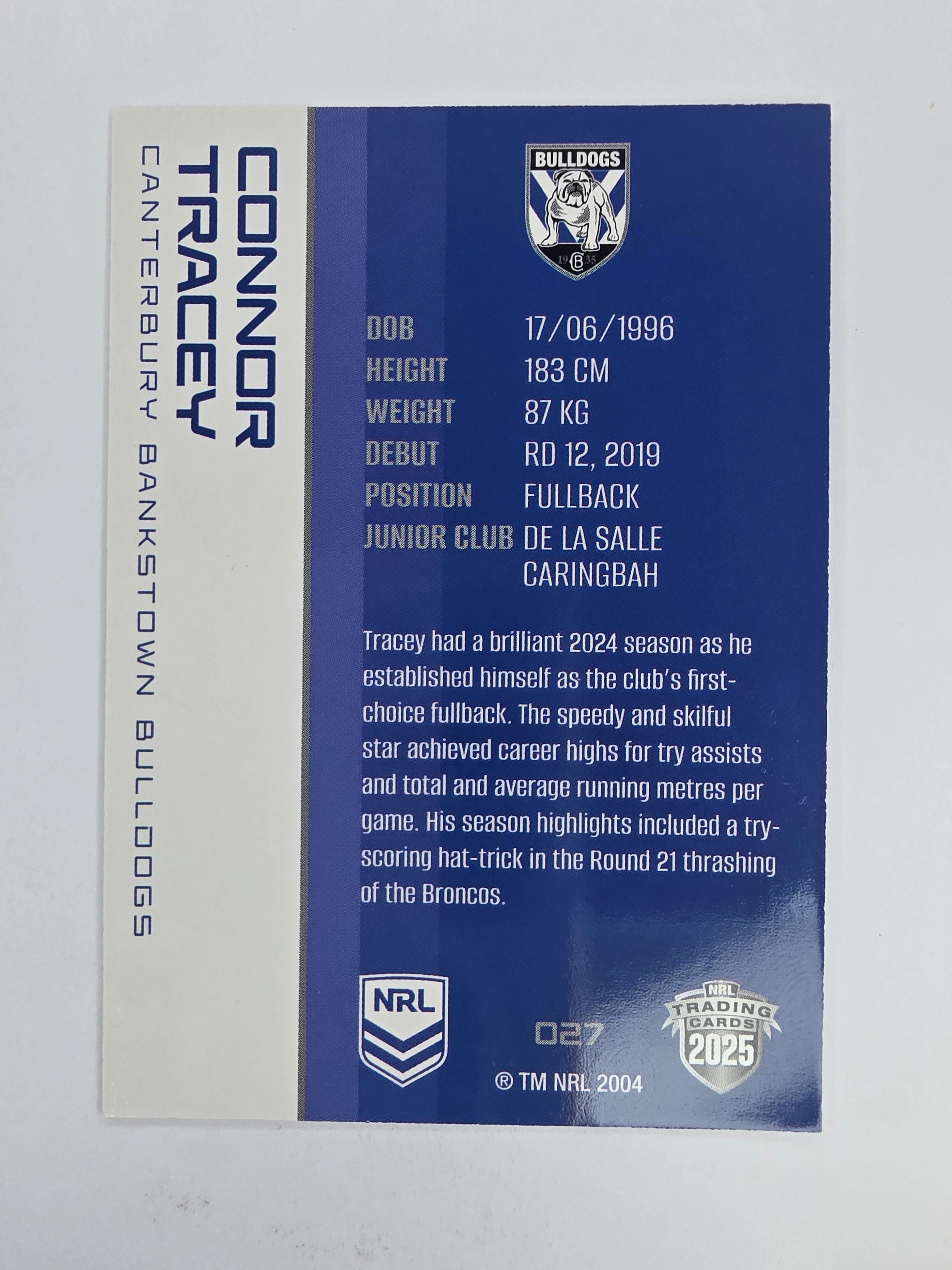 NRL 2025 Traders Base Card #027 Connor Tracey Canterbury Bankstown Bulldogs
