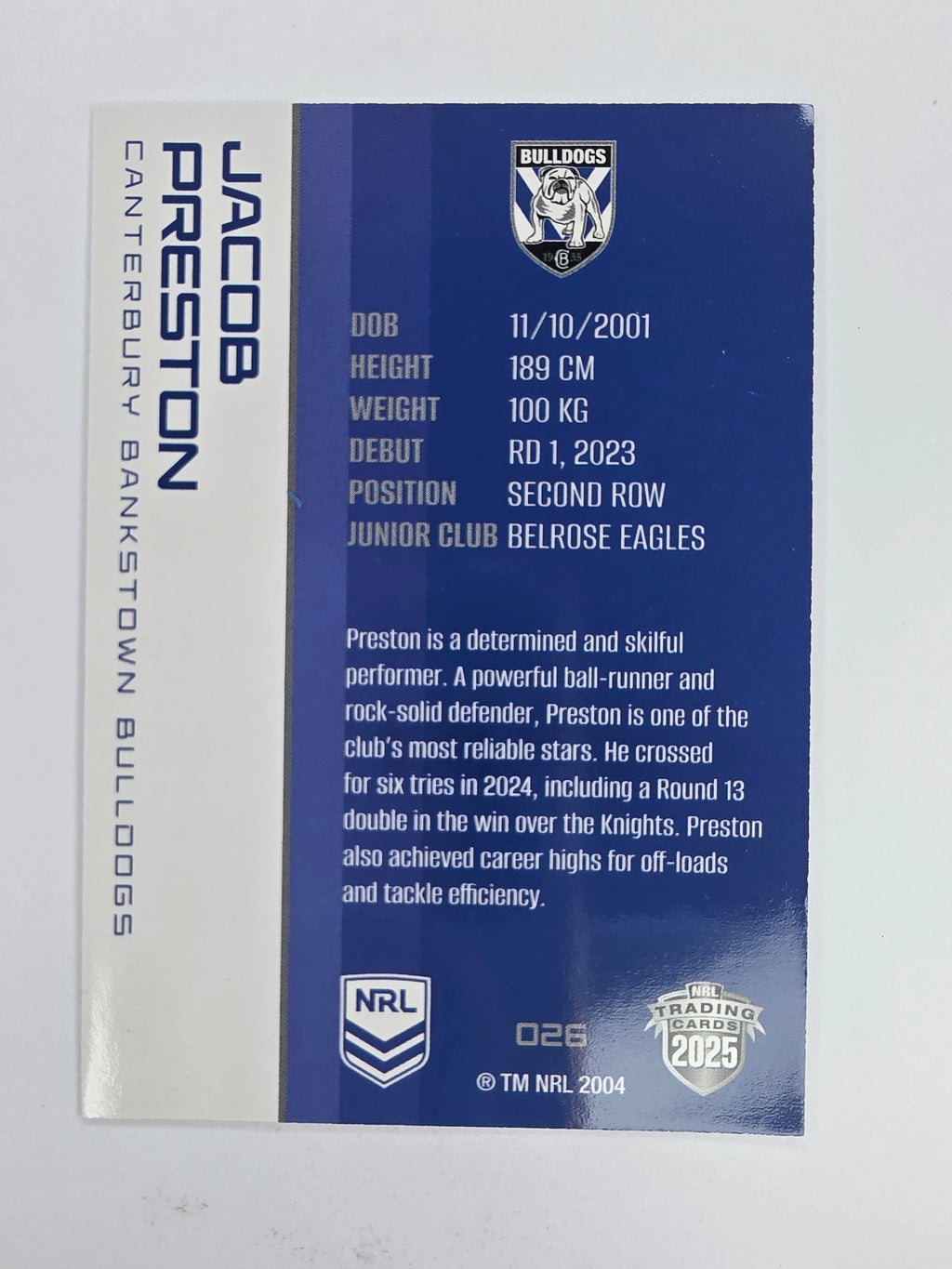 NRL 2025 Traders Base Card #026 Jacob Preston Canterbury Bankstown Bulldogs