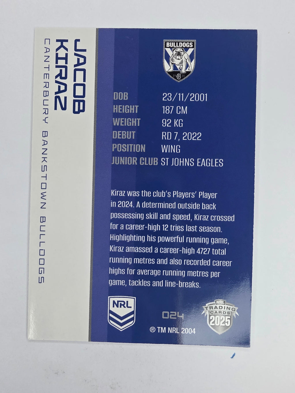 NRL 2025 Traders Base Card #024 Jacob Kiraz Canterbury Bankstown Bulldogs