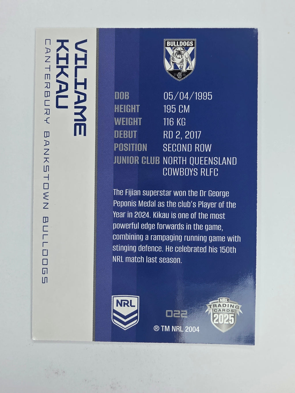 NRL 2025 Traders Base Card #022 Viliame Kikau Canterbury Bankstown Bulldogs