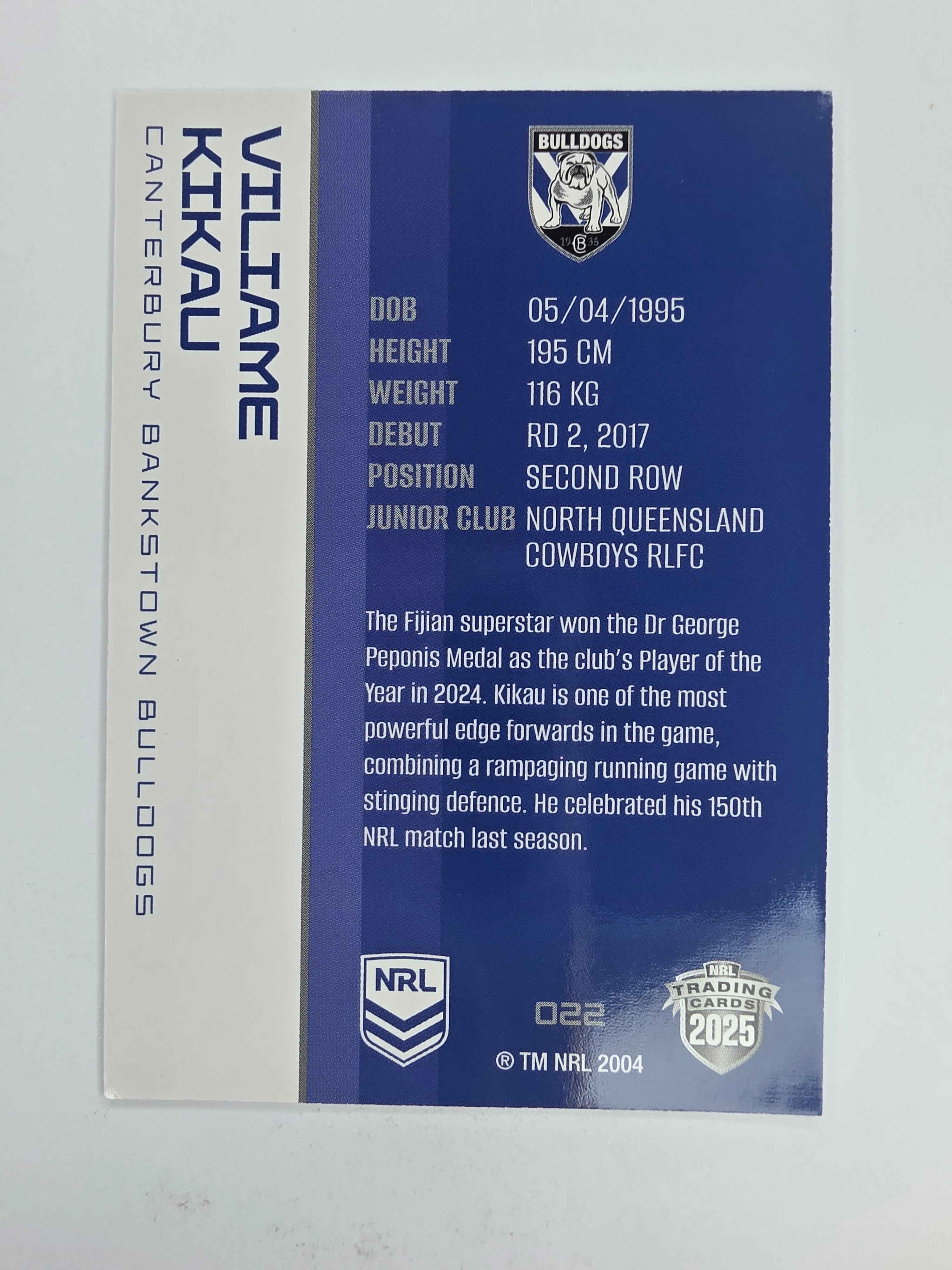 NRL 2025 Traders Base Card #022 Viliame Kikau Canterbury Bankstown Bulldogs