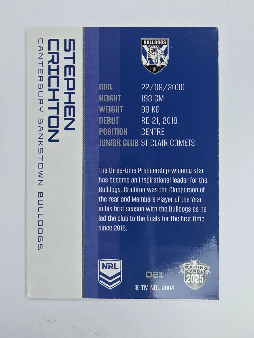NRL 2025 Traders Base Card #021 Stephen Crichton Canterbury Bankstown Bulldogs