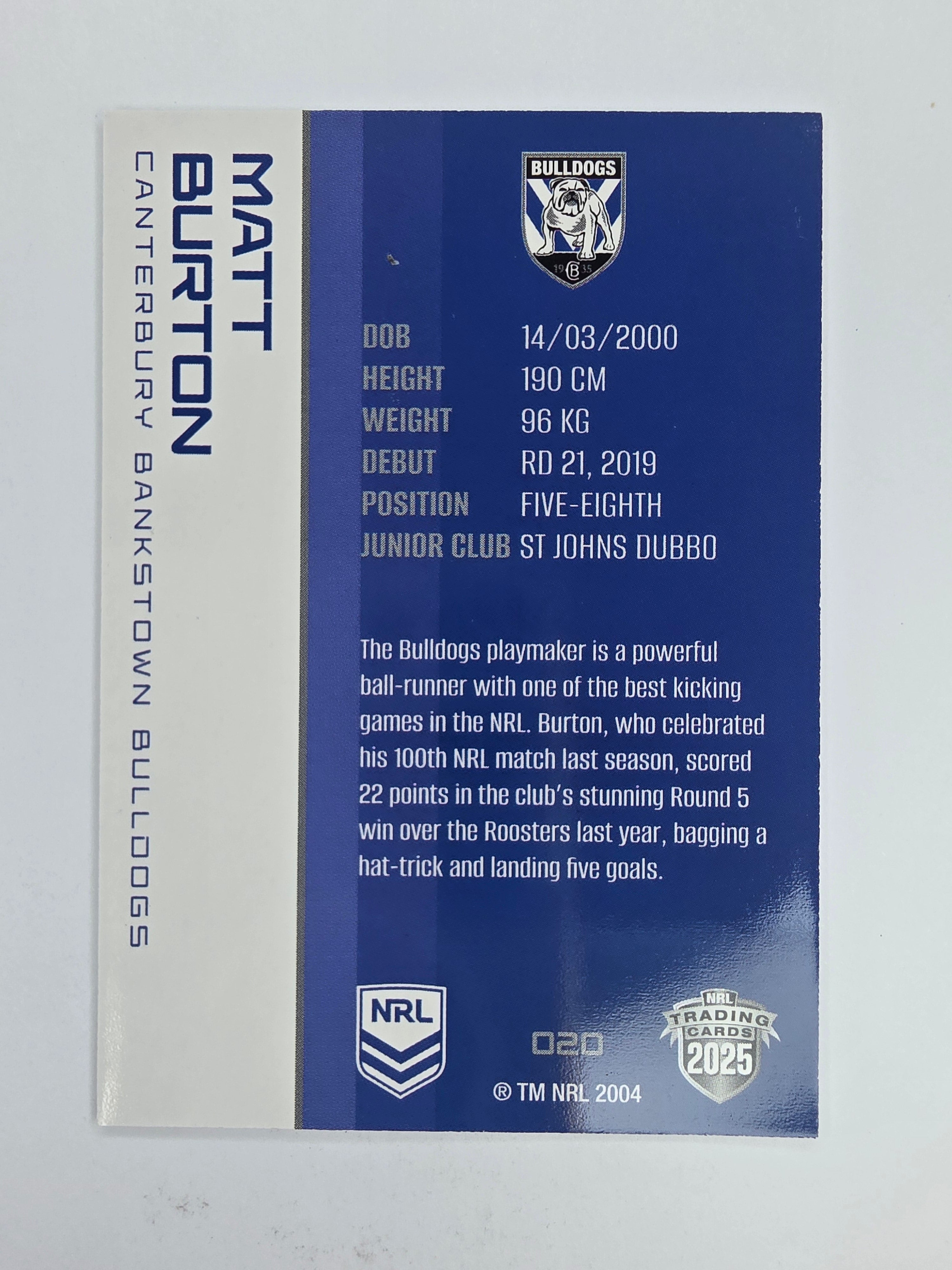 NRL 2025 Traders Base Card #020 Matt Burton Canterbury Bankstown Bulldogs