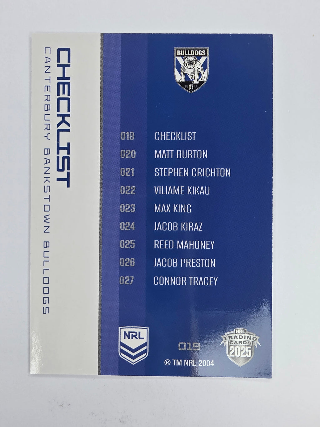 NRL 2025 Traders Base Card #019 Bulldogs Checklist Canterbury Bankstown Bulldogs