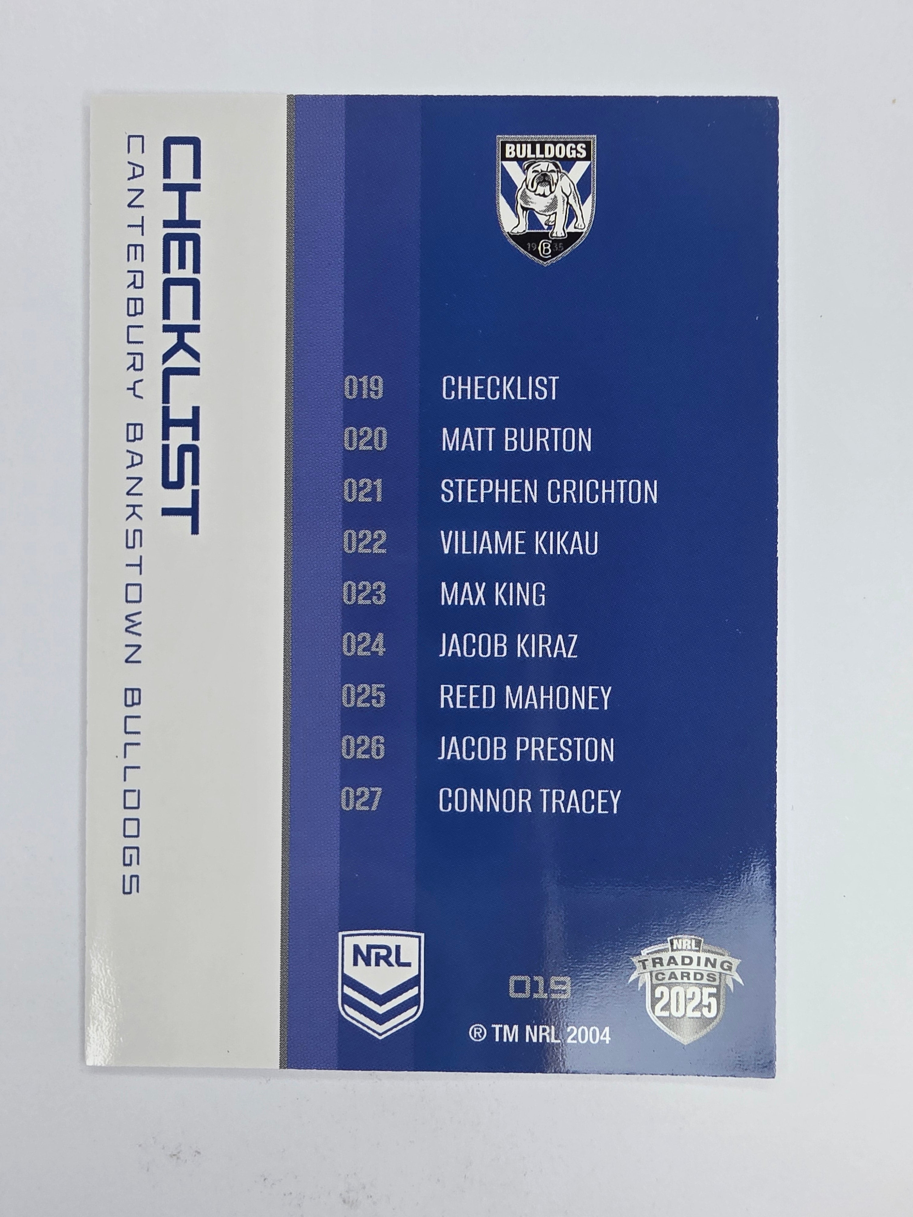 NRL 2025 Traders Base Card #019 Bulldogs Checklist Canterbury Bankstown Bulldogs