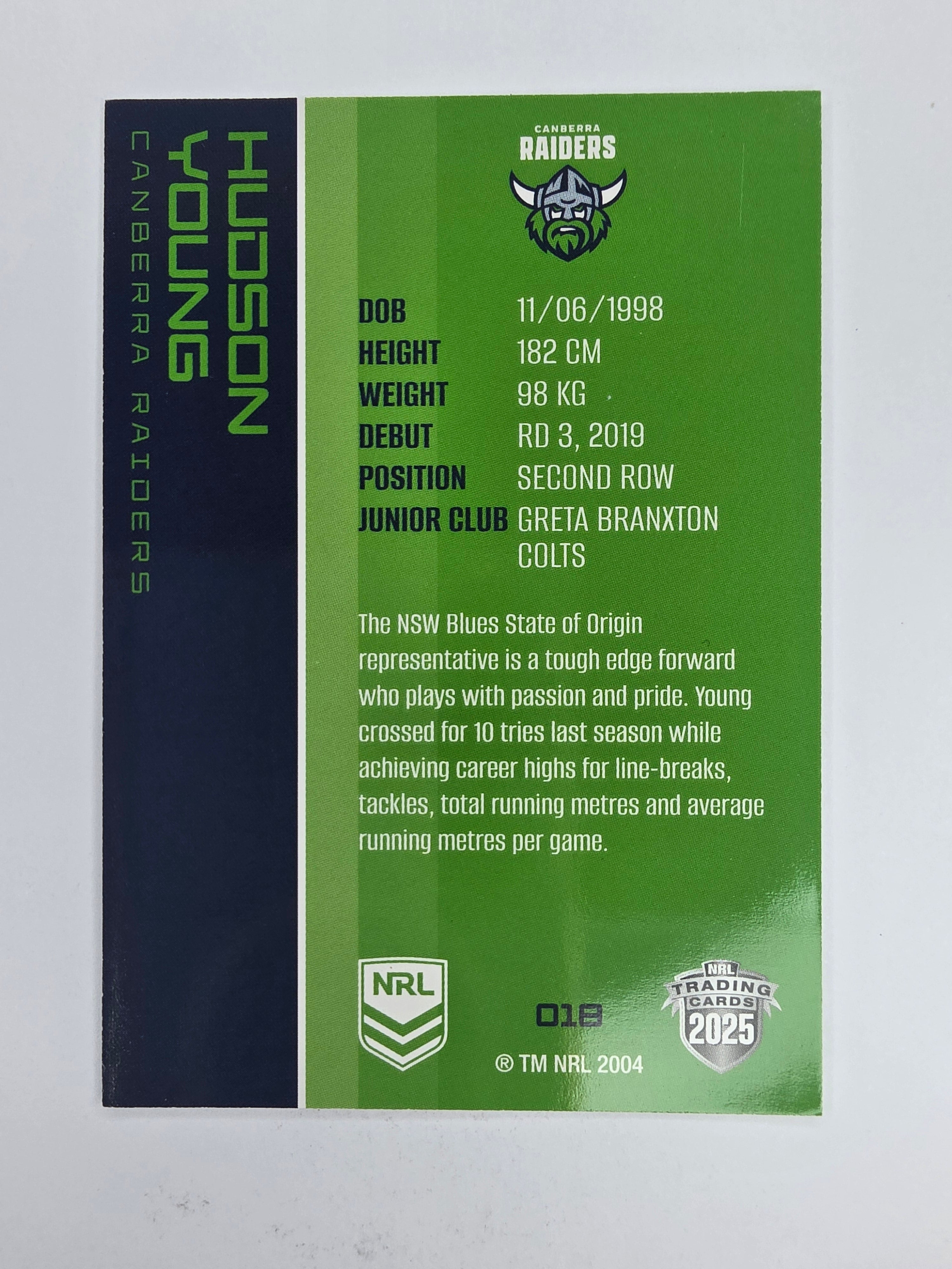 NRL 2025 Traders Base Card #018 Hudson Young Canberra Raiders