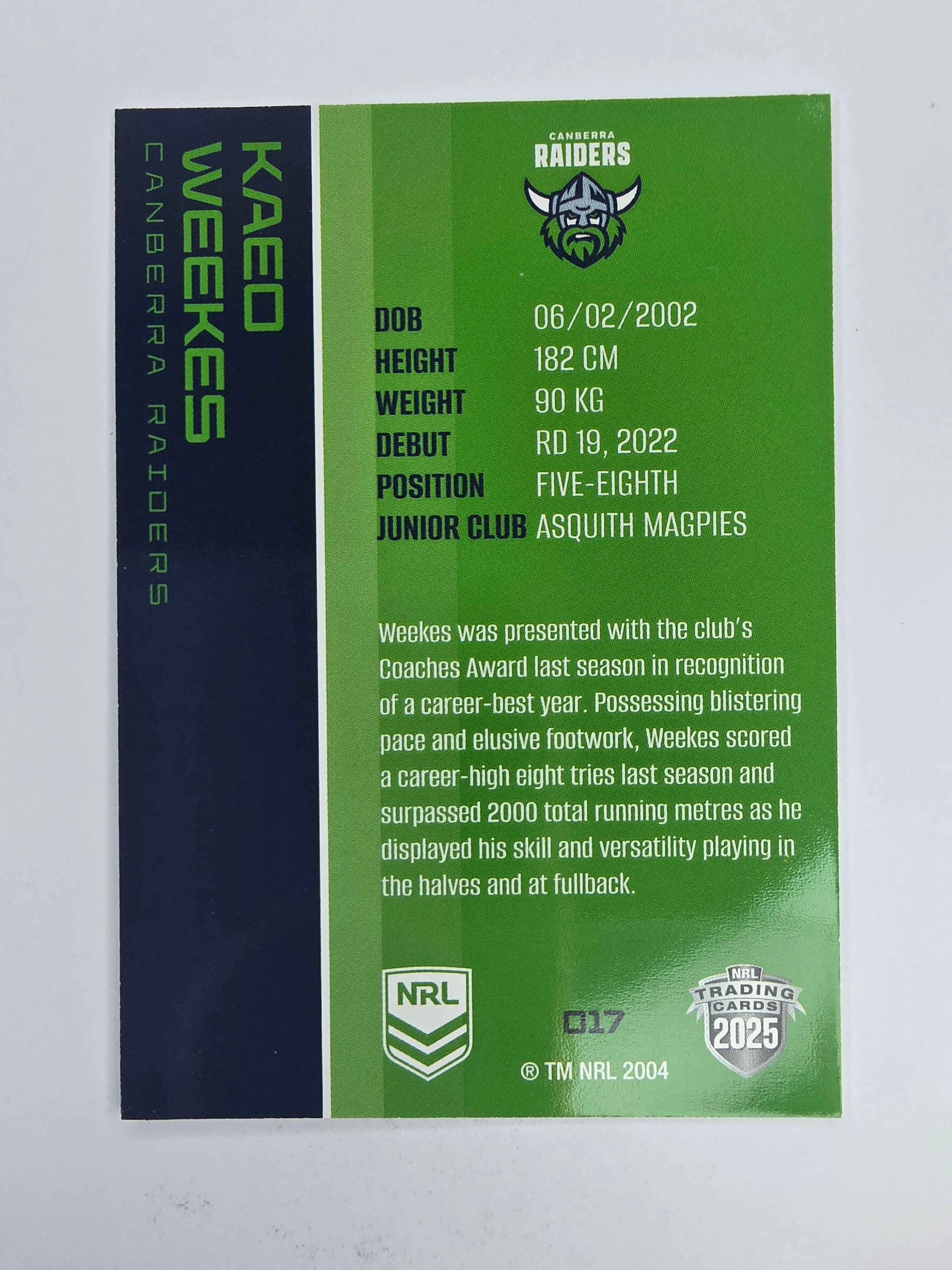 NRL 2025 Traders Base Card #017 Kaeo Weekes Canberra Raiders