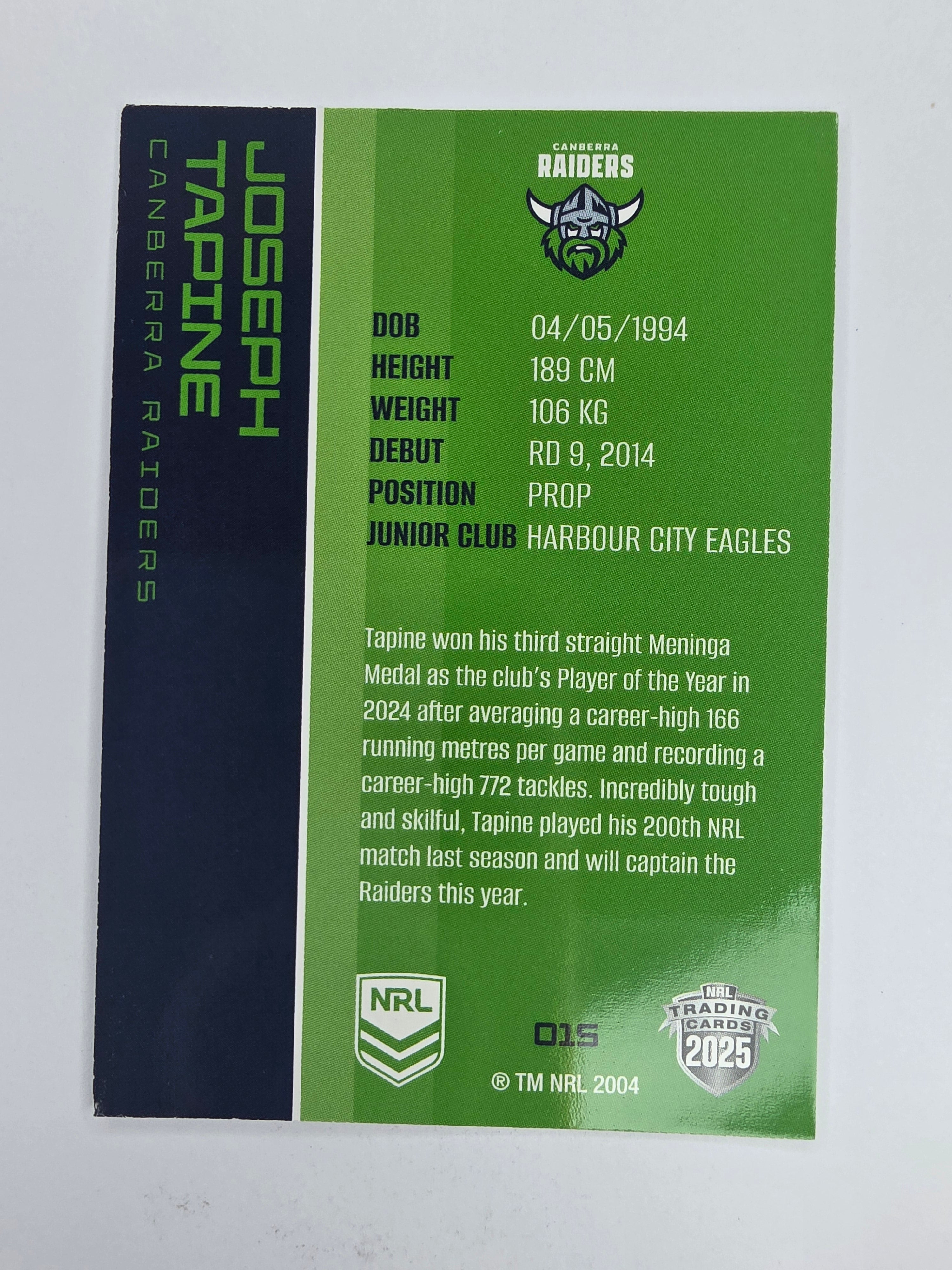 NRL 2025 Traders Base Card #015 Joseph Tapine Canberra Raiders