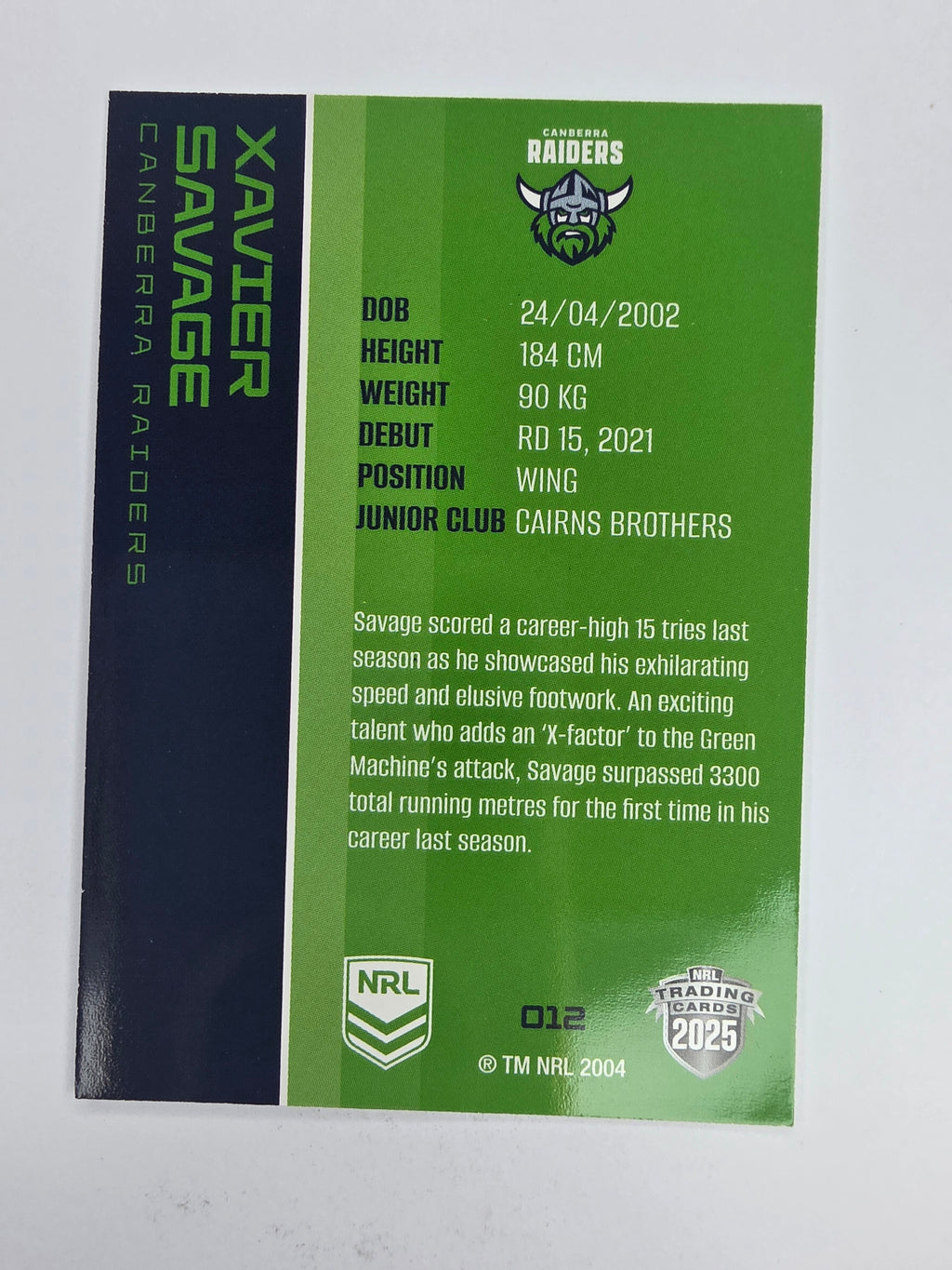 NRL 2025 Traders Base Card #012 Xavier Savage Canberra Raiders