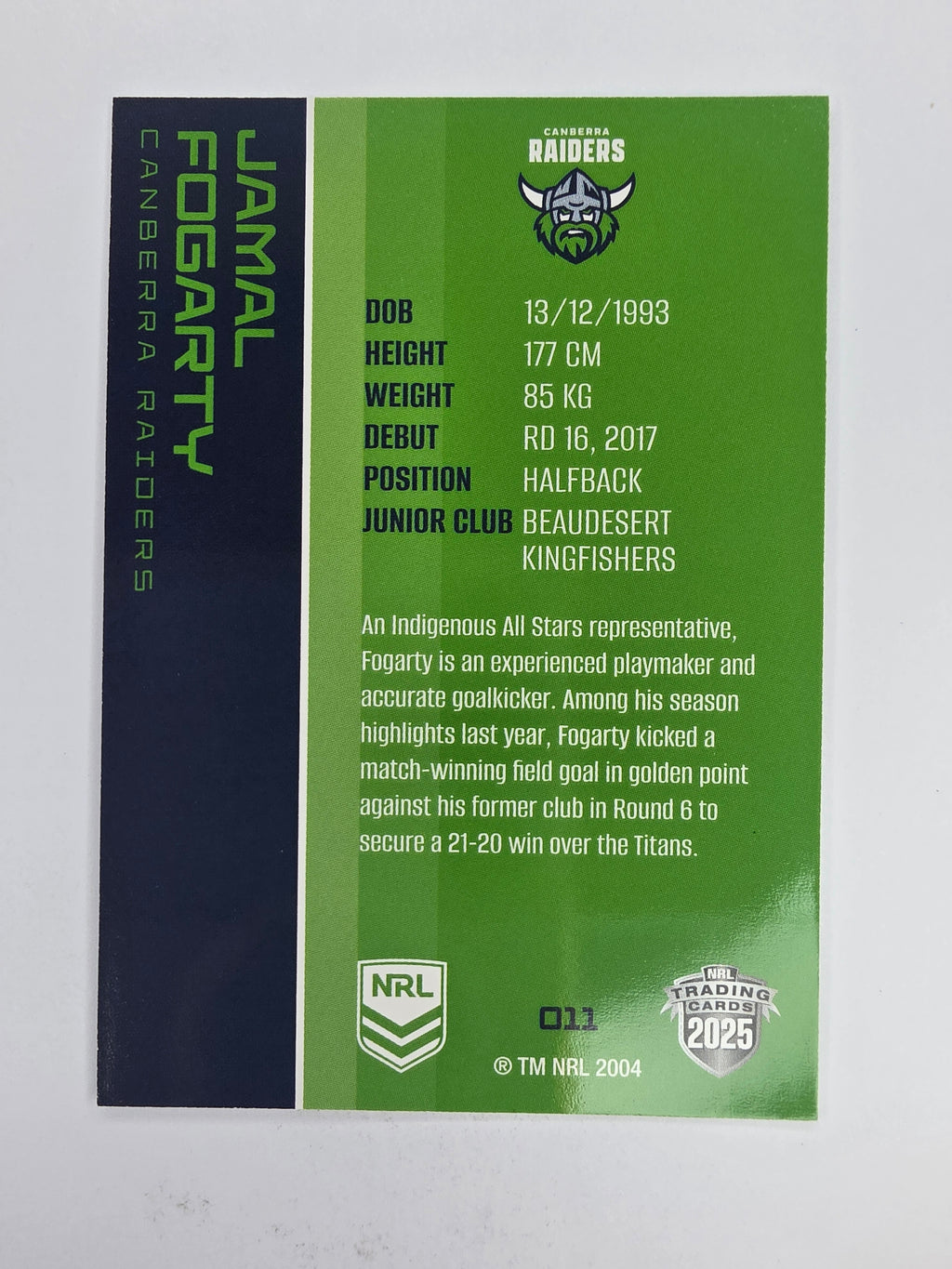 NRL 2025 Traders Base Card #011 Jamal Fogarty Canberra Raiders