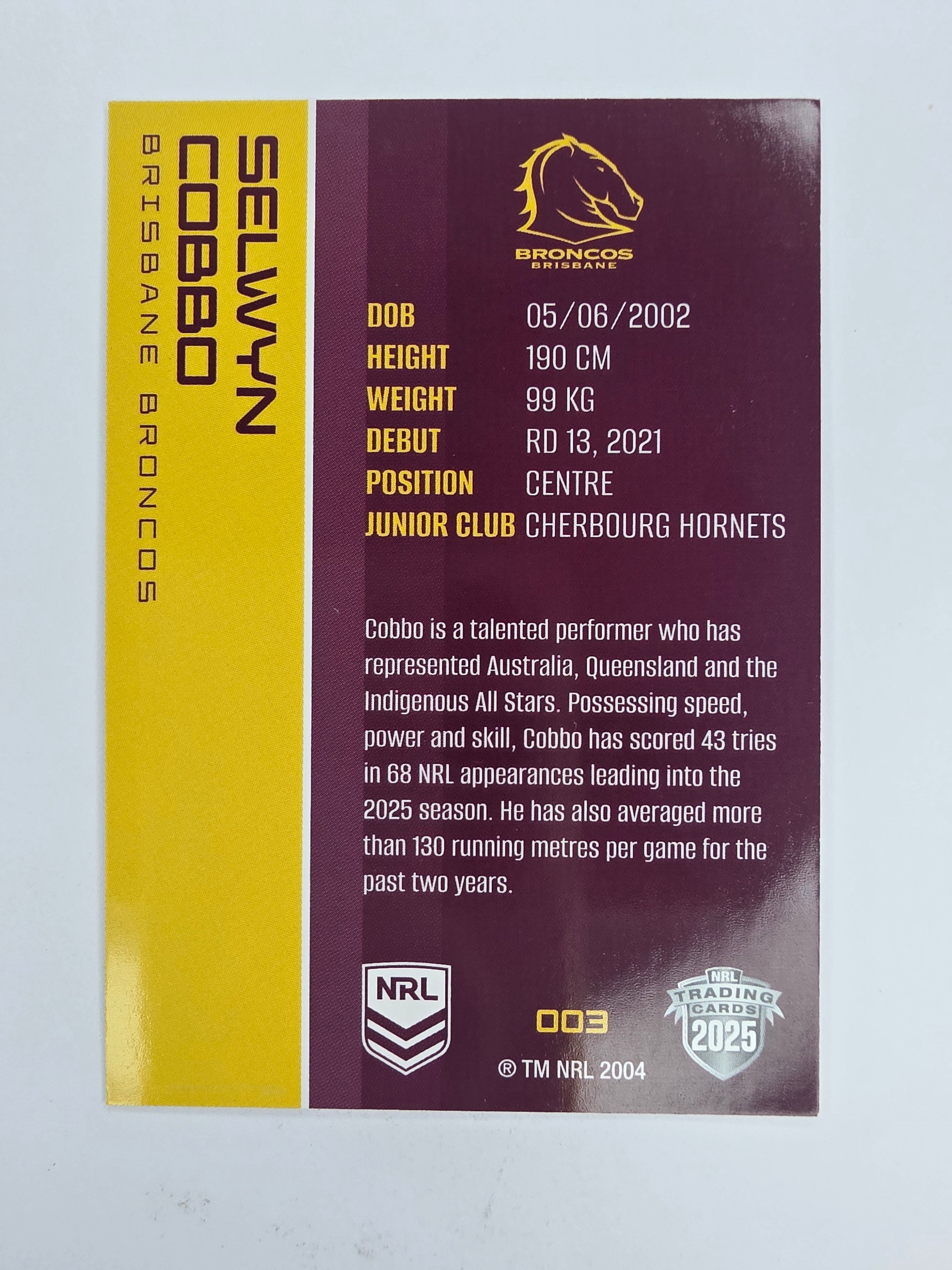 NRL 2025 Traders Base Card #003 Selwyn Cobbo Brisbane Broncos