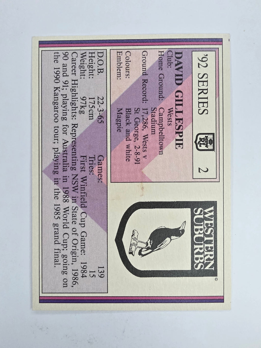 NRL 1992 Regina Base Card #2 David Gillespie Western Suburbs Magpies