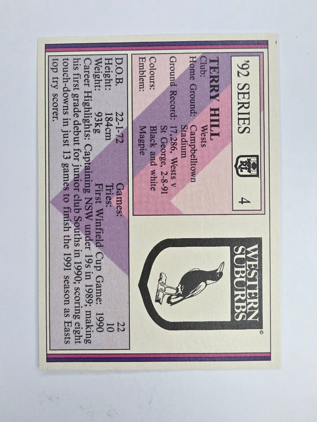 NRL 1992 Regina Base Card #4 Terry Hill Western Suburbs Magpies