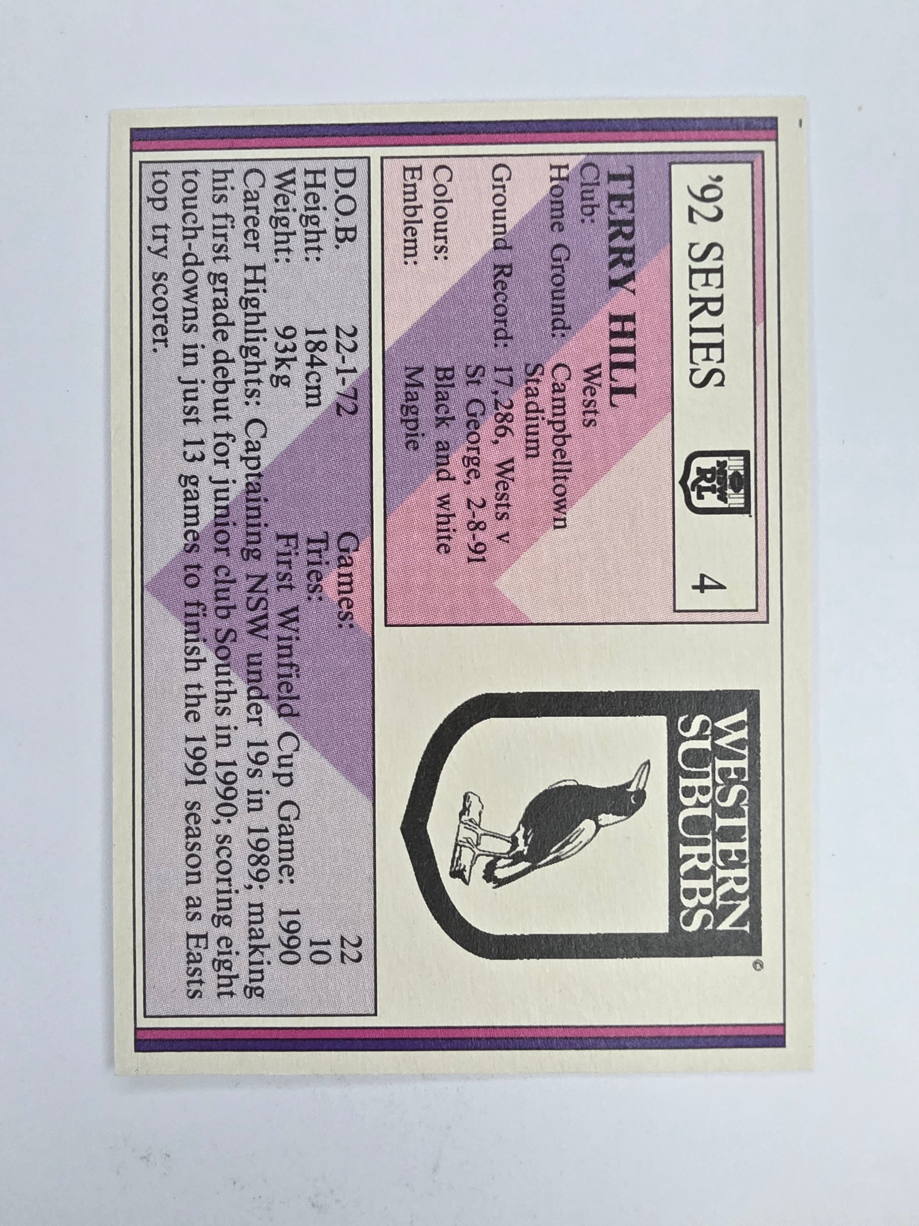 NRL 1992 Regina Base Card #4 Terry Hill Western Suburbs Magpies