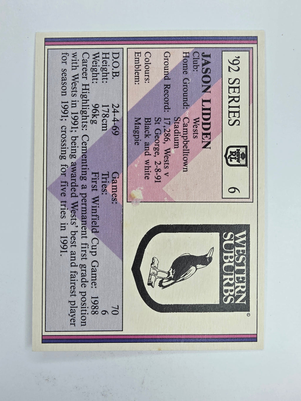 NRL 1992 Regina Base Card #6 Jason Lidden Western Suburbs Magpies