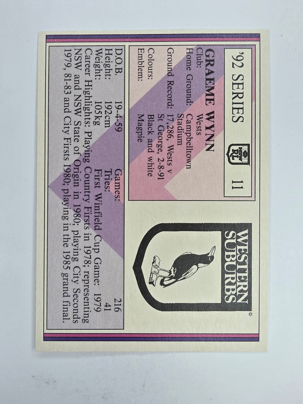 NRL 1992 Regina Base Card #11 Graeme Wynn Western Suburbs Magpies