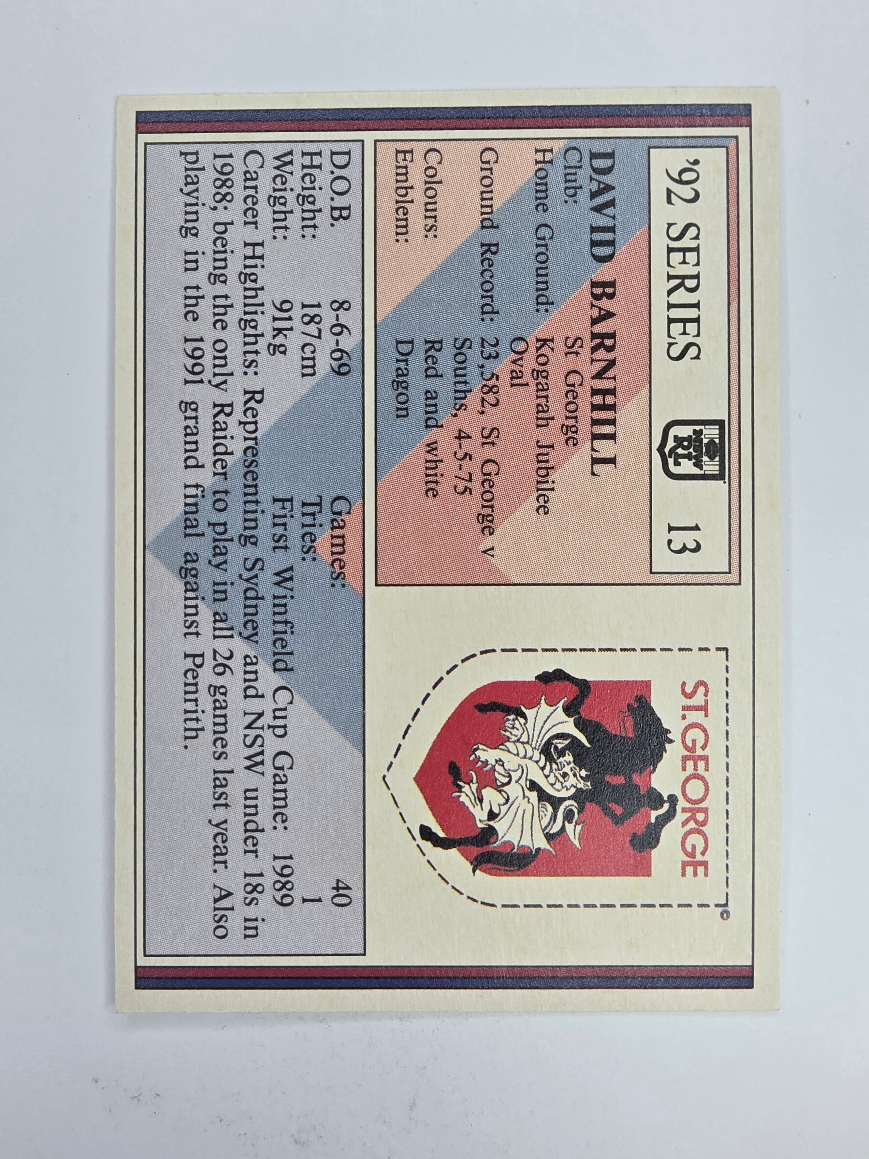 NRL 1992 Regina Base Card #13 David Barnhill St George Dragons