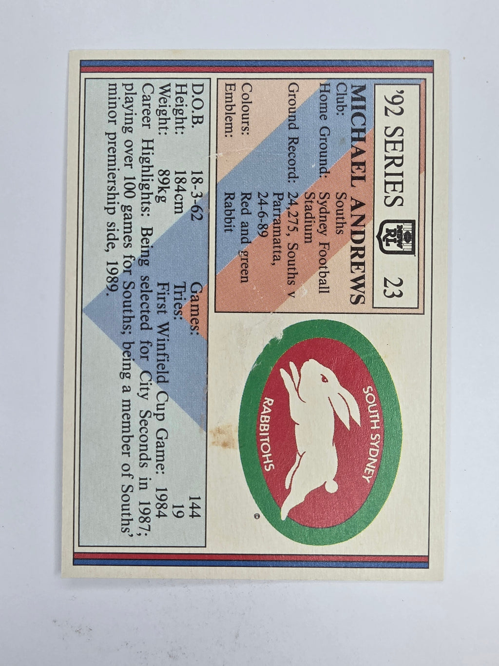 NRL 1992 Regina Base Card #23 Michael Andrews South Sydney Rabbitohs