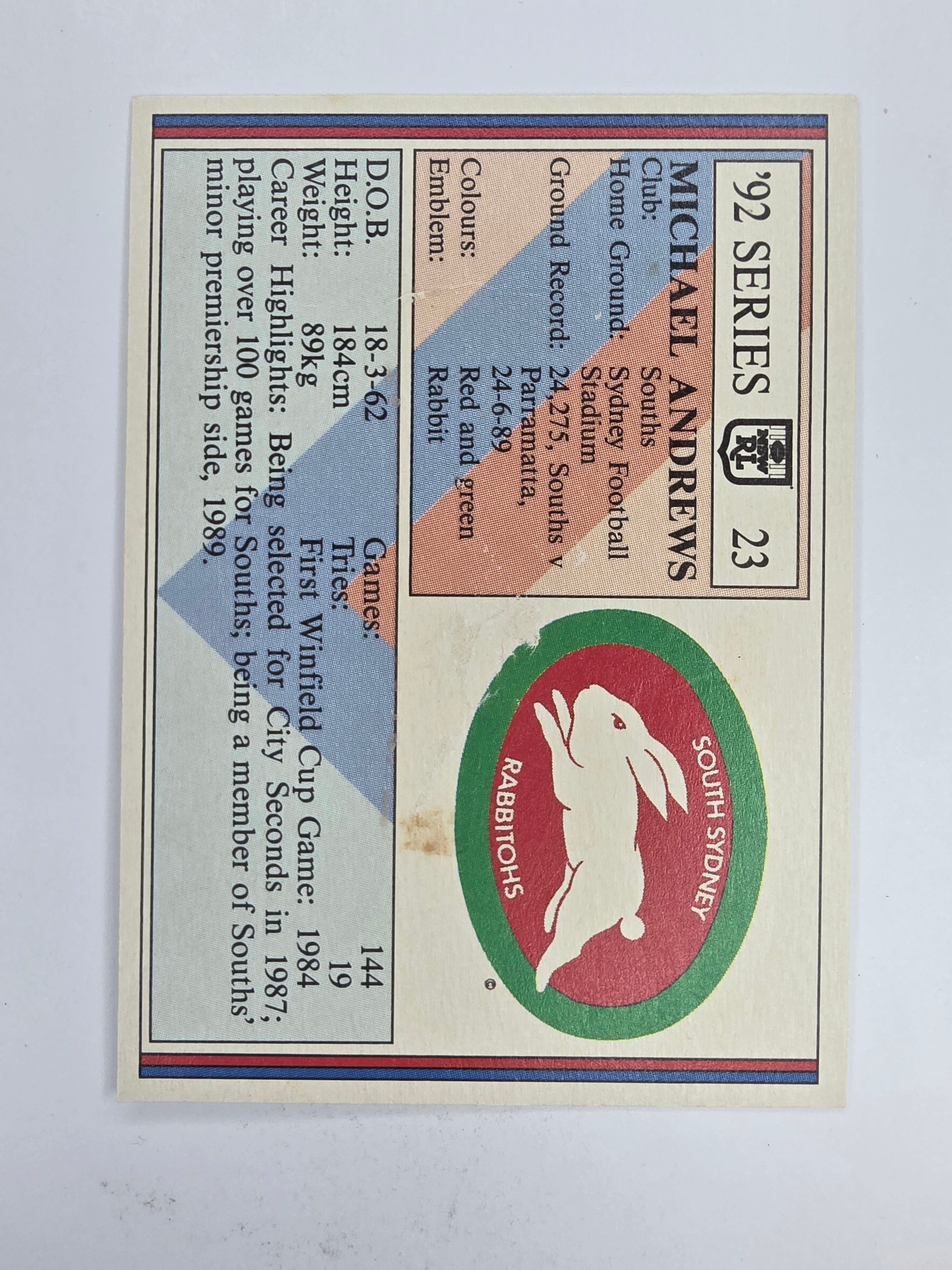 NRL 1992 Regina Base Card #23 Michael Andrews South Sydney Rabbitohs