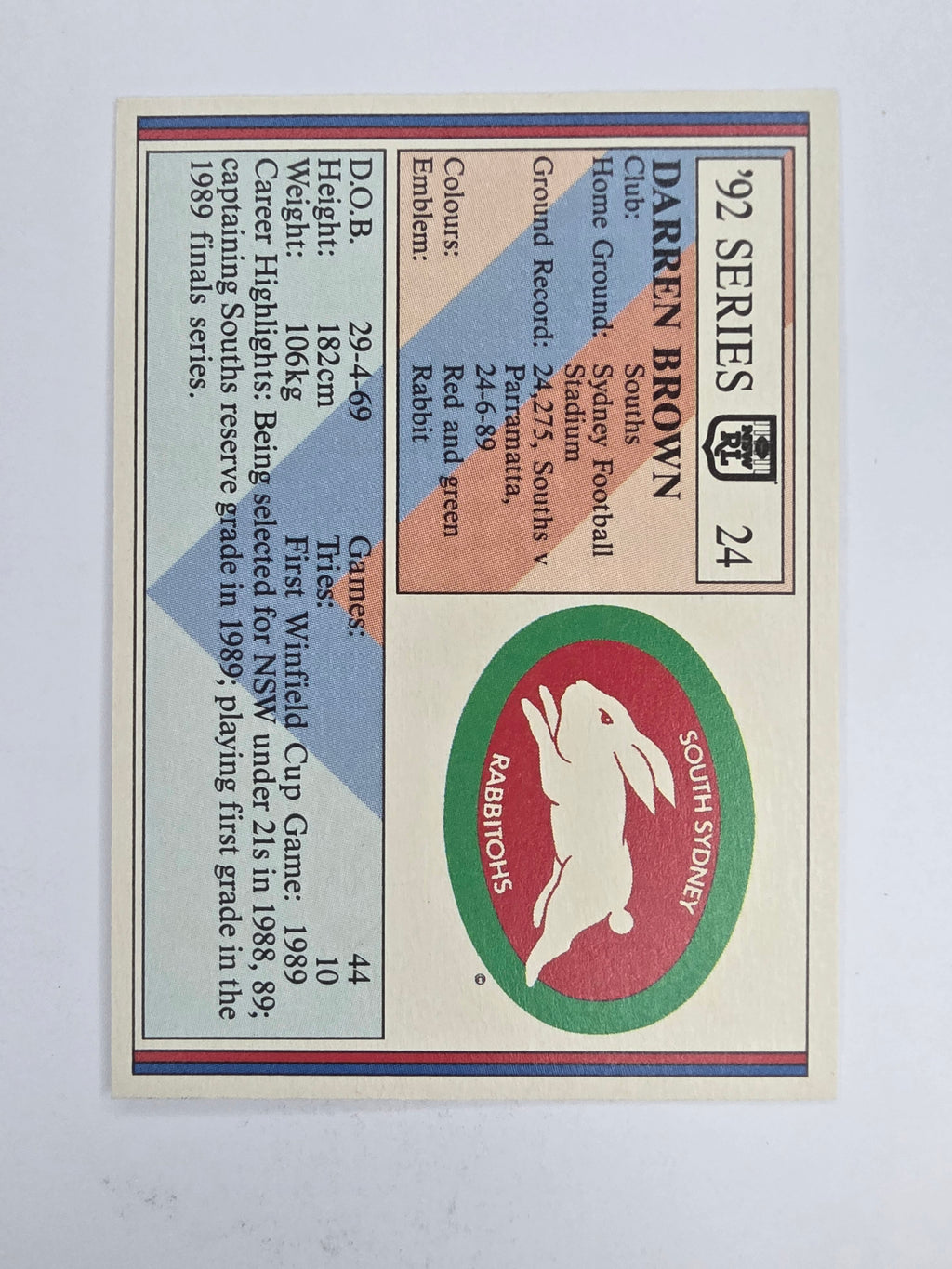 NRL 1992 Regina Base Card #24 Darren Brown South Sydney Rabbitohs