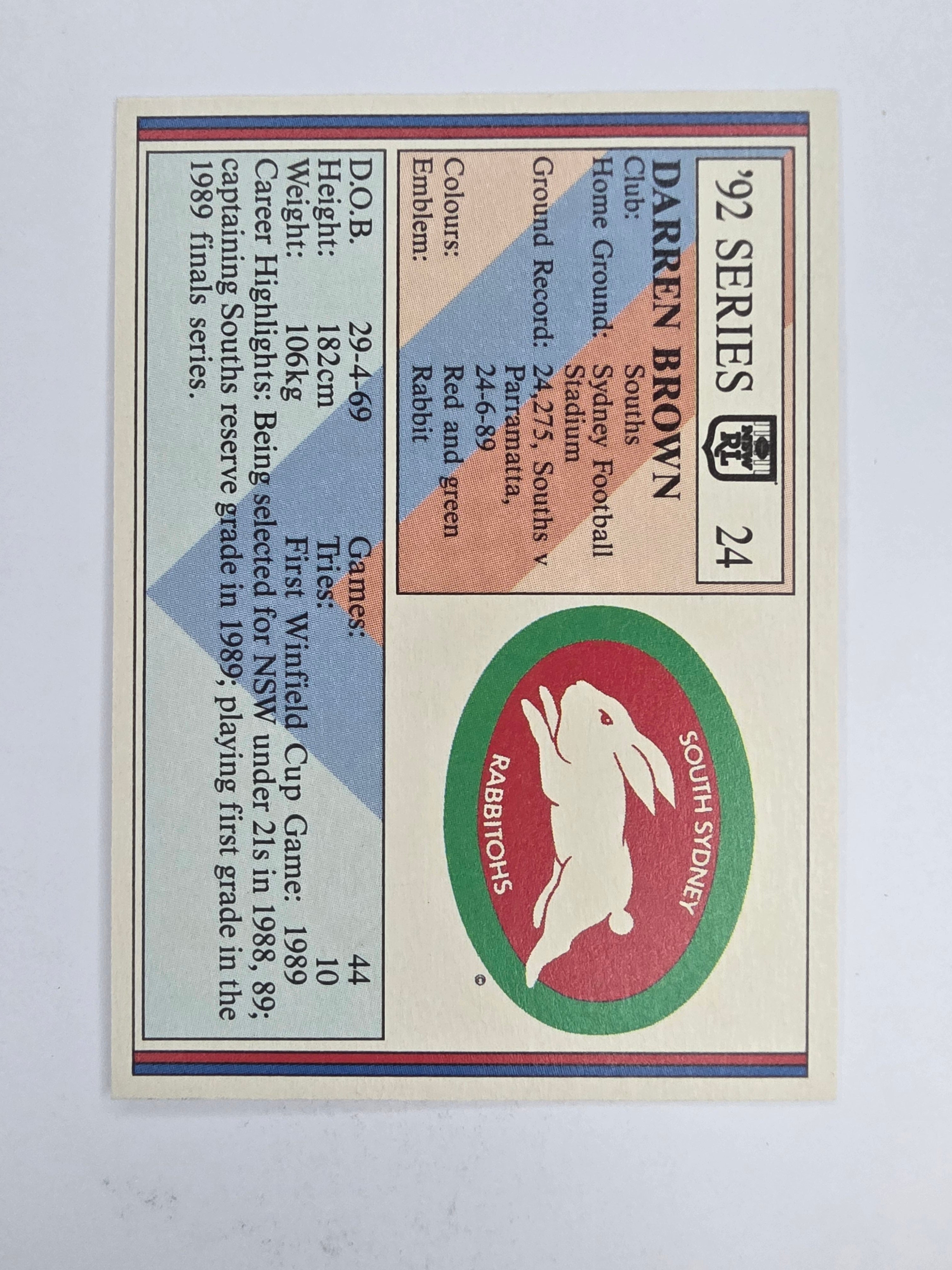 NRL 1992 Regina Base Card #24 Darren Brown South Sydney Rabbitohs