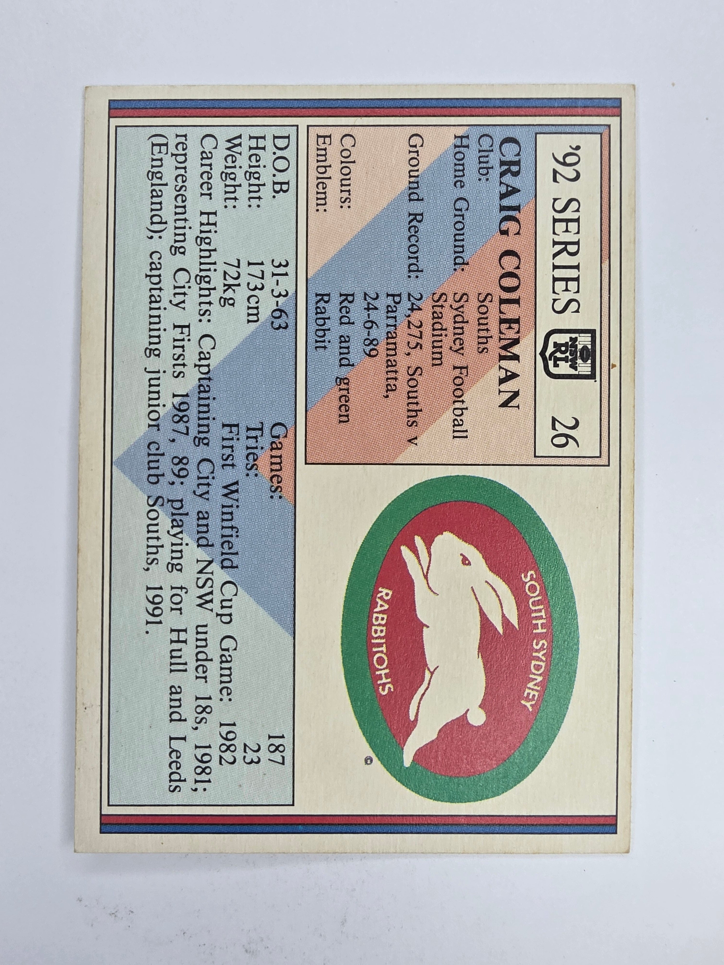 NRL 1992 Regina Base Card #26 Craig Coleman South Sydney Rabbitohs