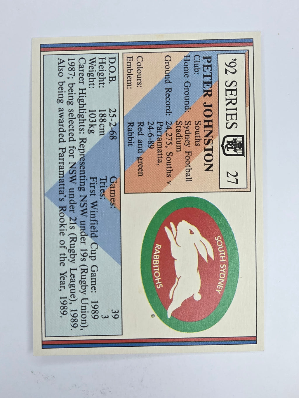 NRL 1992 Regina Base Card #27 Peter Johnston South Sydney Rabbitohs