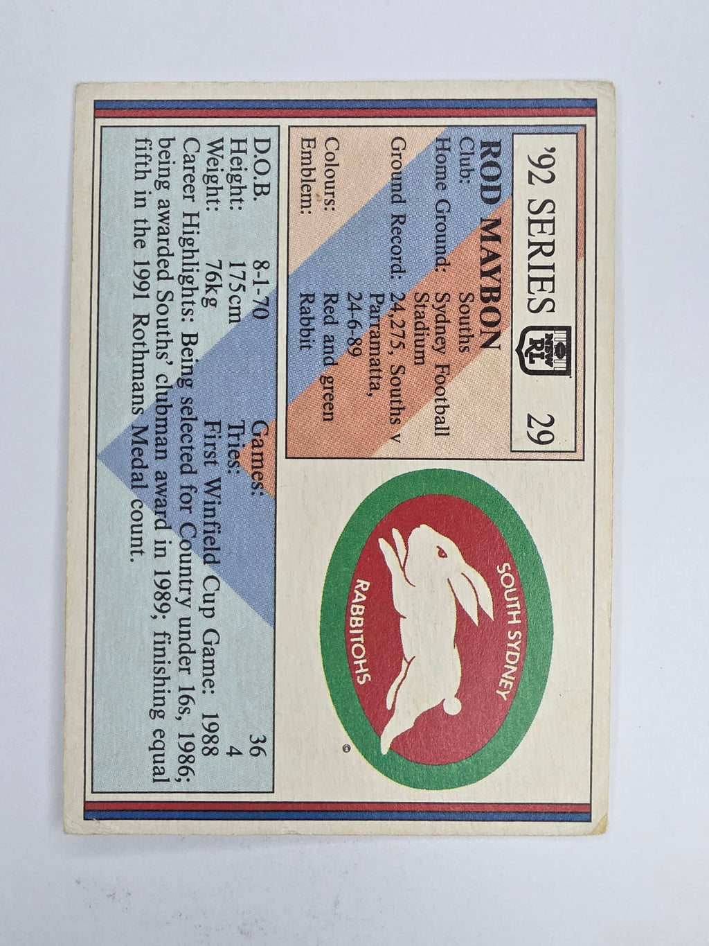 NRL 1992 Regina Base Card #29 Rod Maybon South Sydney Rabbitohs