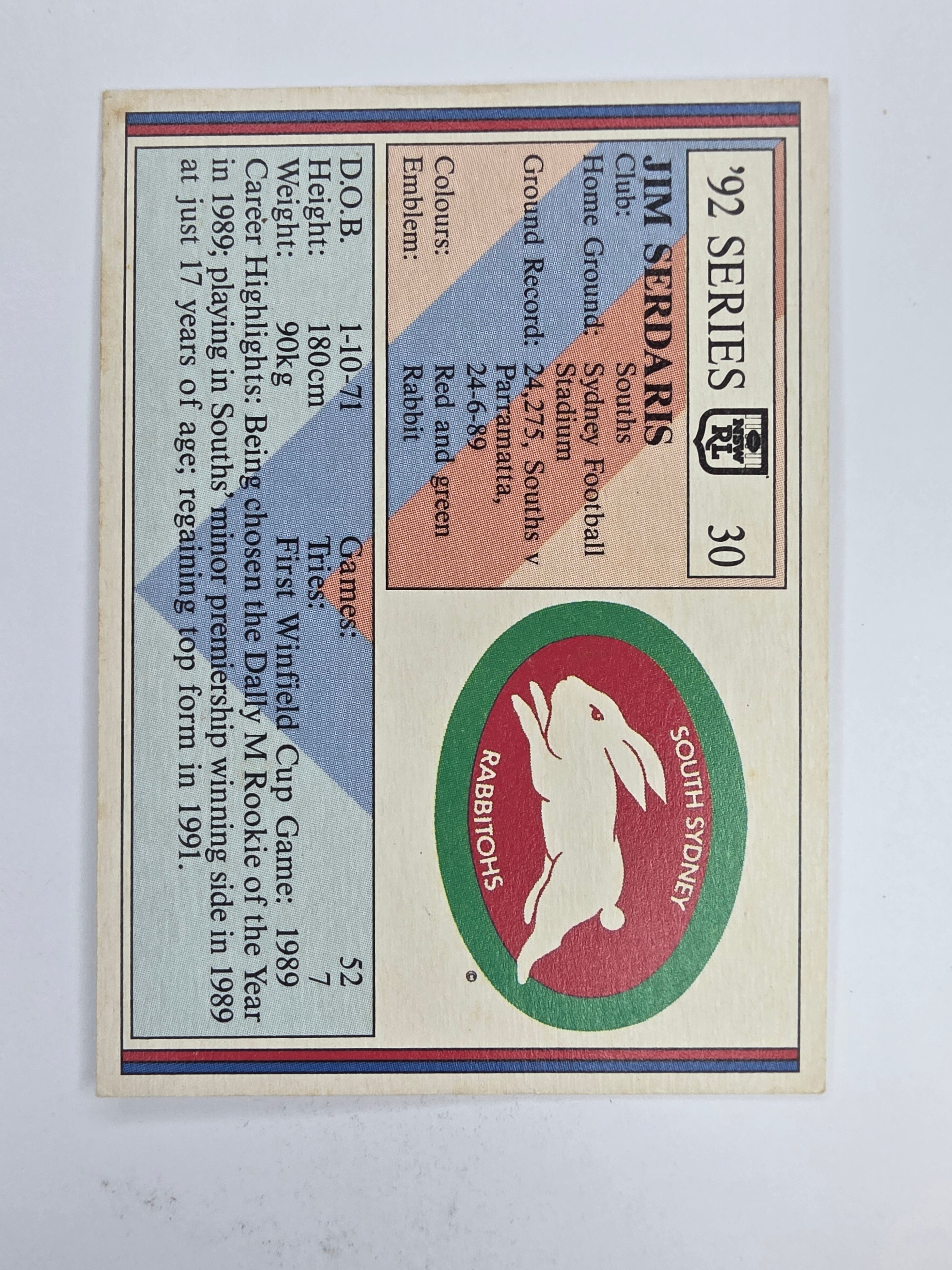 NRL 1992 Regina Base Card #30 Jim Sedaris South Sydney Rabbitohs