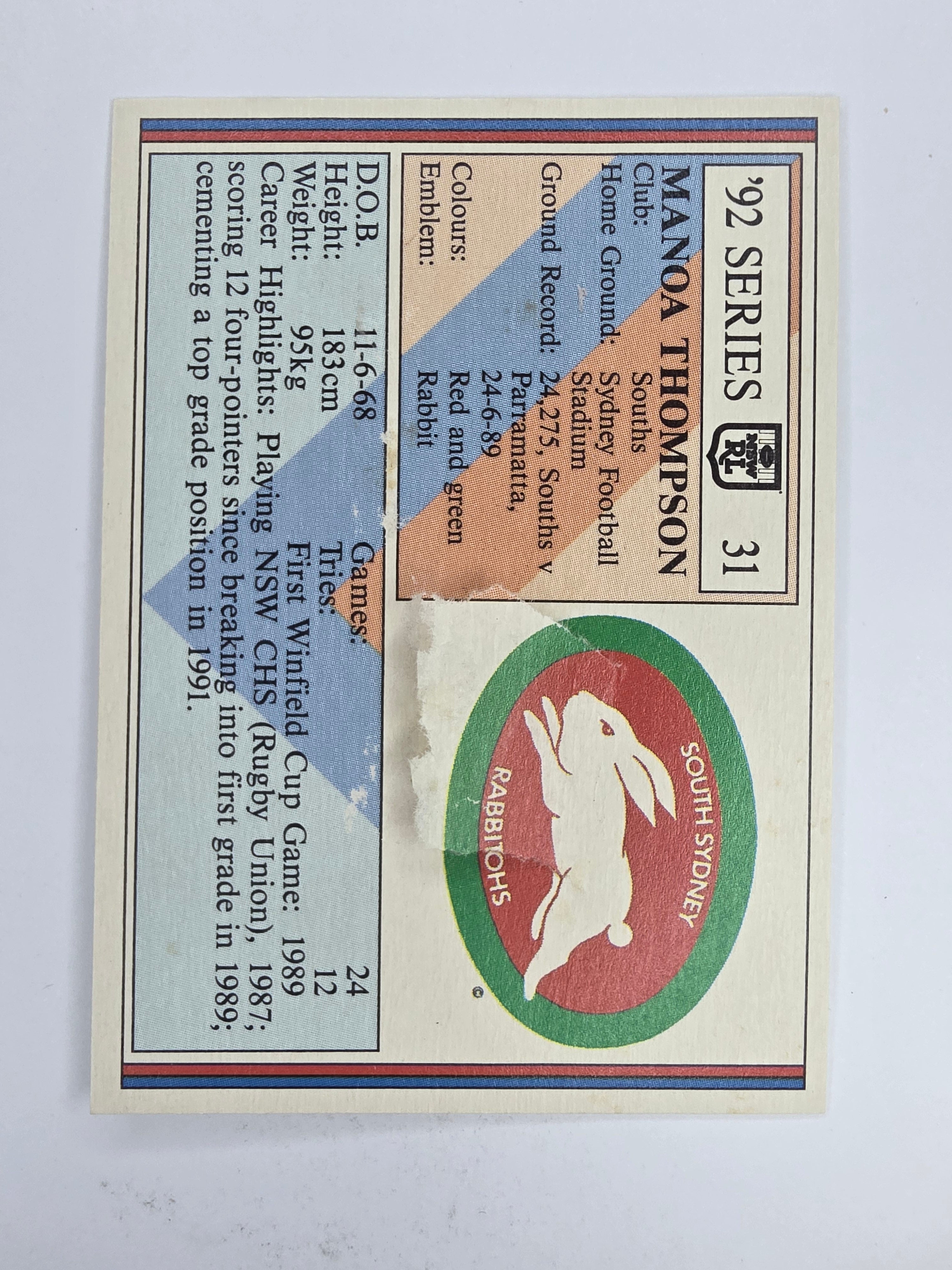 NRL 1992 Regina Base Card #31 Manoa Thompson South Sydney Rabbitohs *damaged*