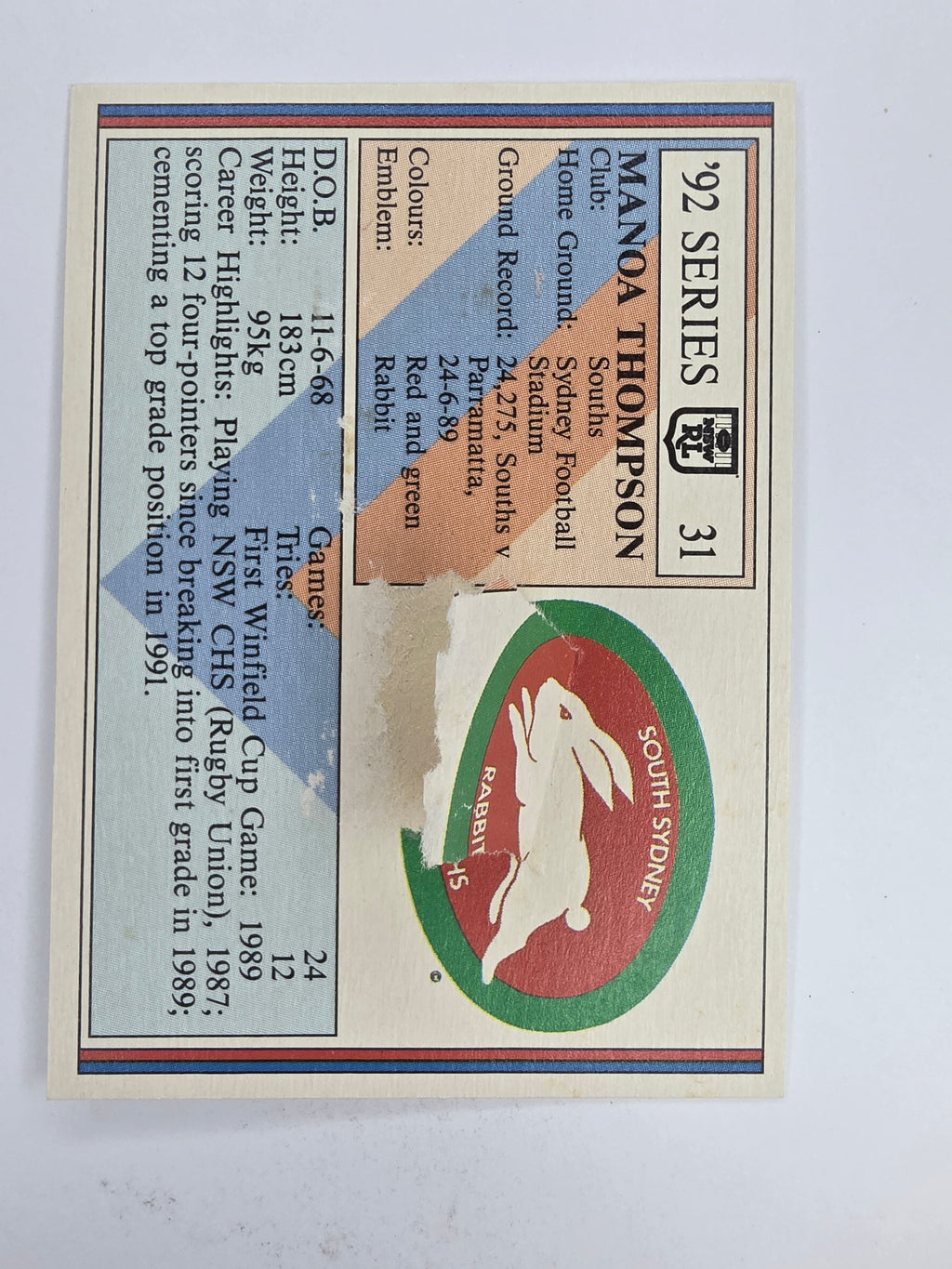 NRL 1992 Regina Base Card #31 Manoa Thompson South Sydney Rabbitohs *damaged*