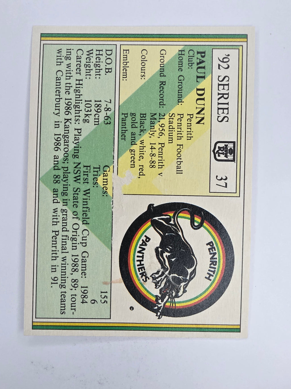 NRL 1992 Regina Base Card #37 Paul Dunn Penrith Panthers