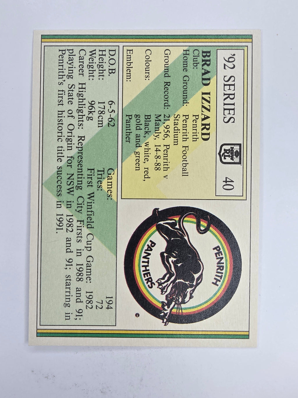 NRL 1992 Regina Base Card #40 Brad Izzard Penrith Panthers