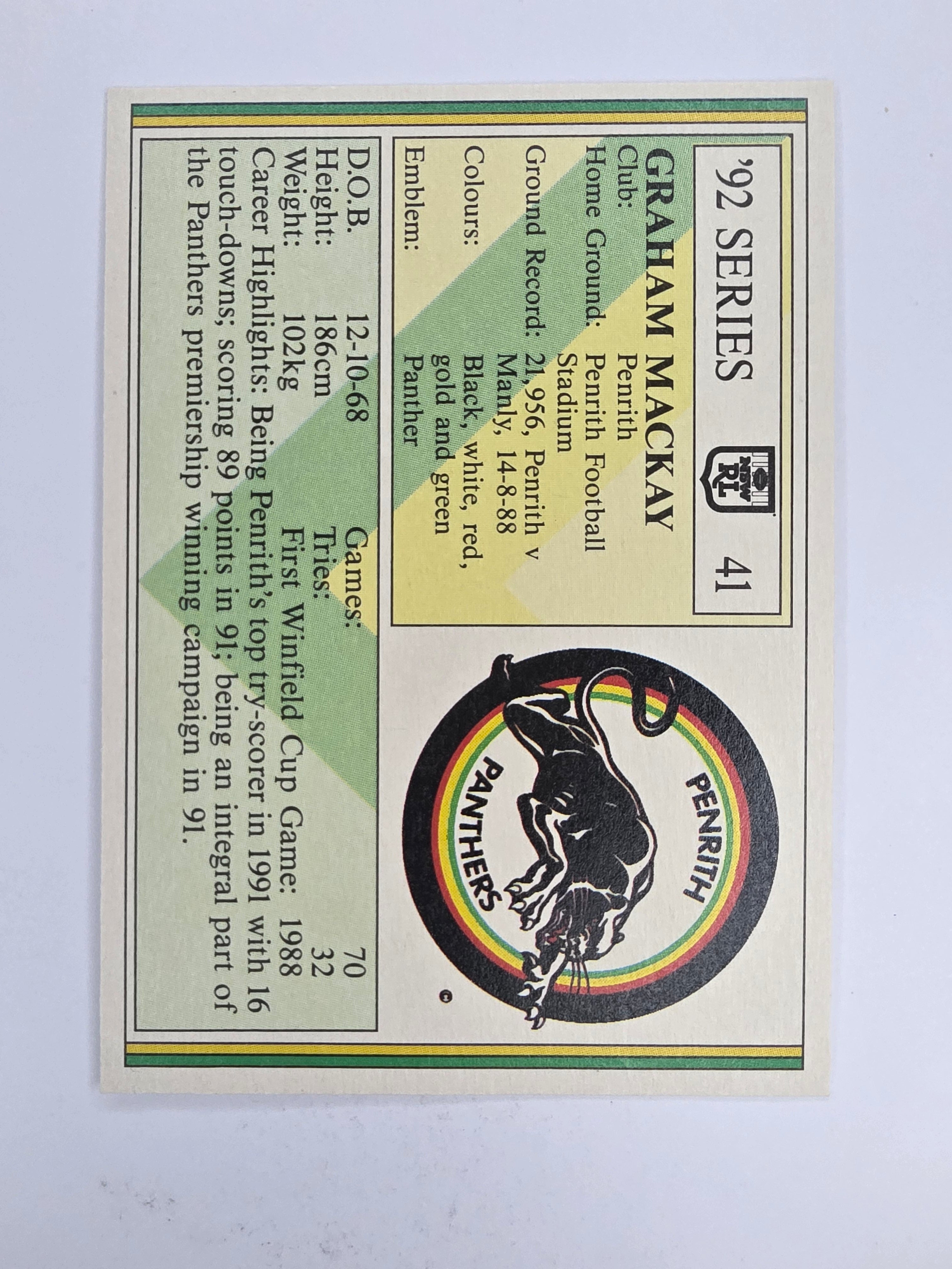 NRL 1992 Regina Base Card #41 Graham Mackay Penrith Panthers