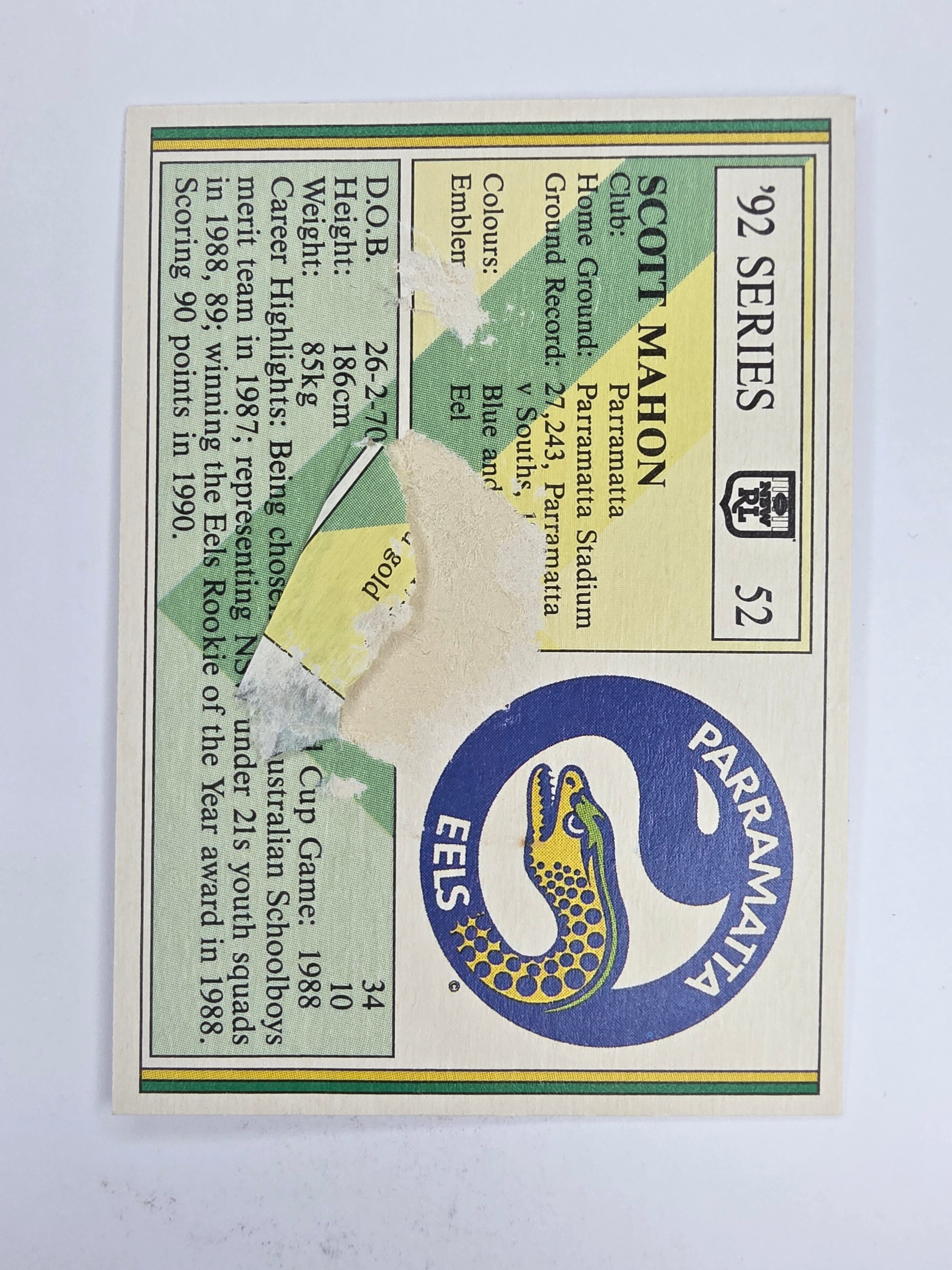NRL 1992 Regina Base Card #52 Scott Mahon Parramatta Eels *damaged*