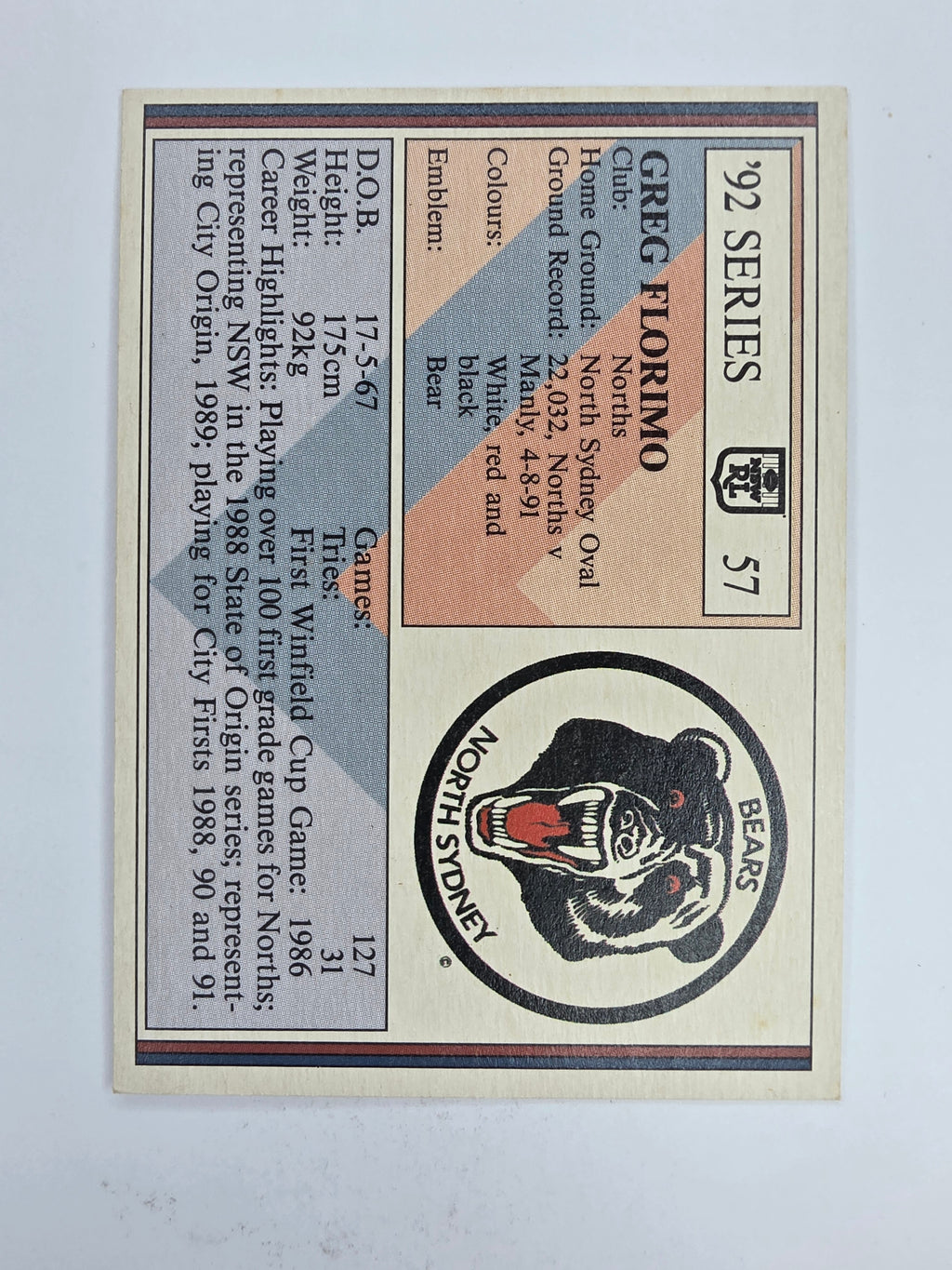 NRL 1992 Regina Base Card #57 Greg Florimo North Sydney Bears