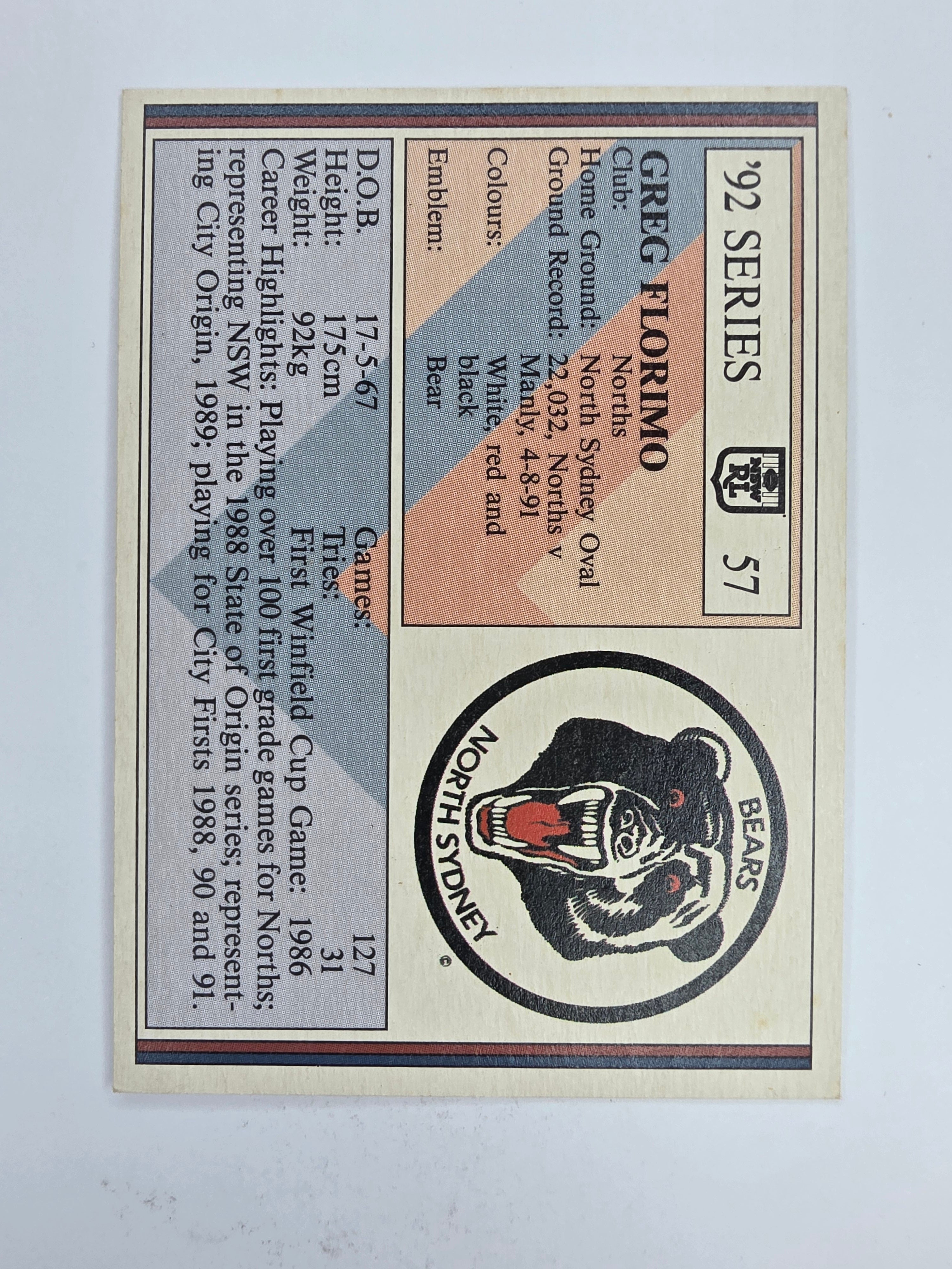 NRL 1992 Regina Base Card #57 Greg Florimo North Sydney Bears