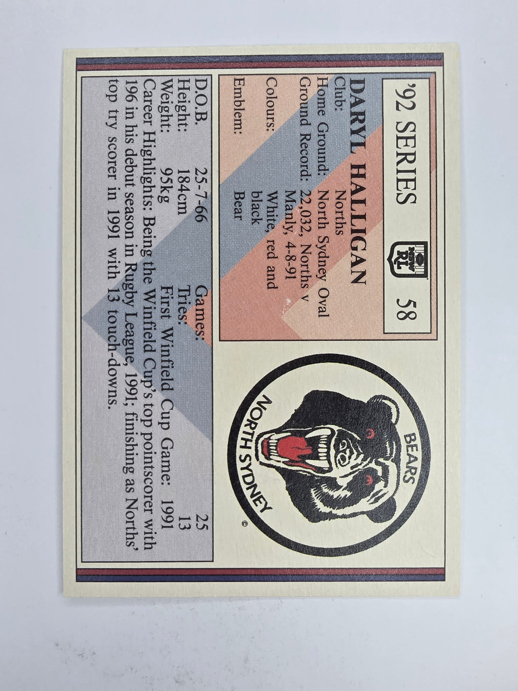 NRL 1992 Regina Base Card #58 Daryl Halligan North Sydney Bears