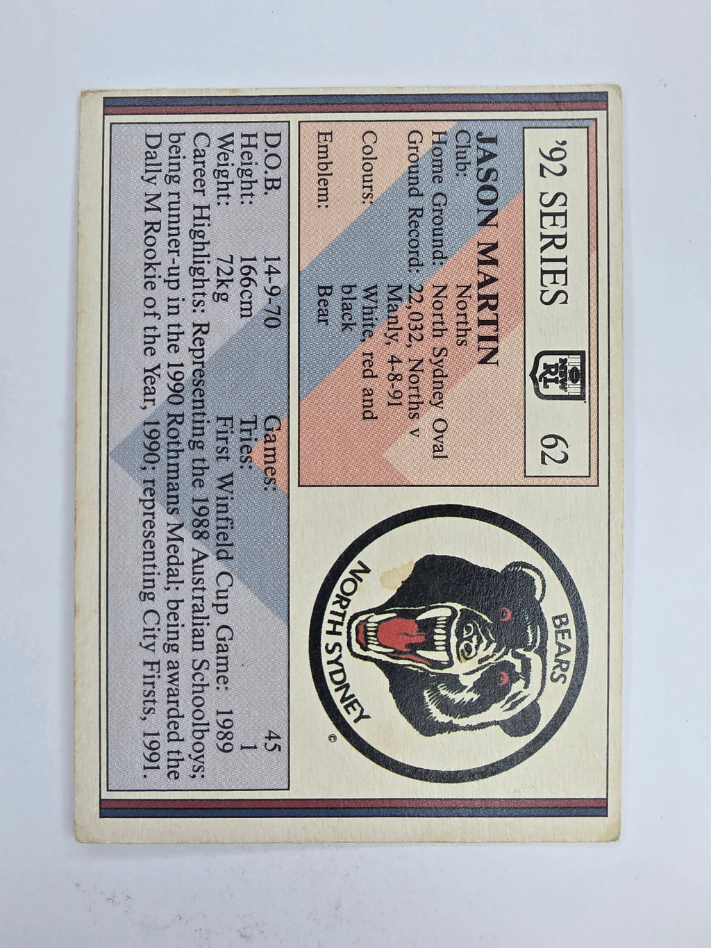 NRL 1992 Regina Base Card #62 Jason Martin North Sydney Bears