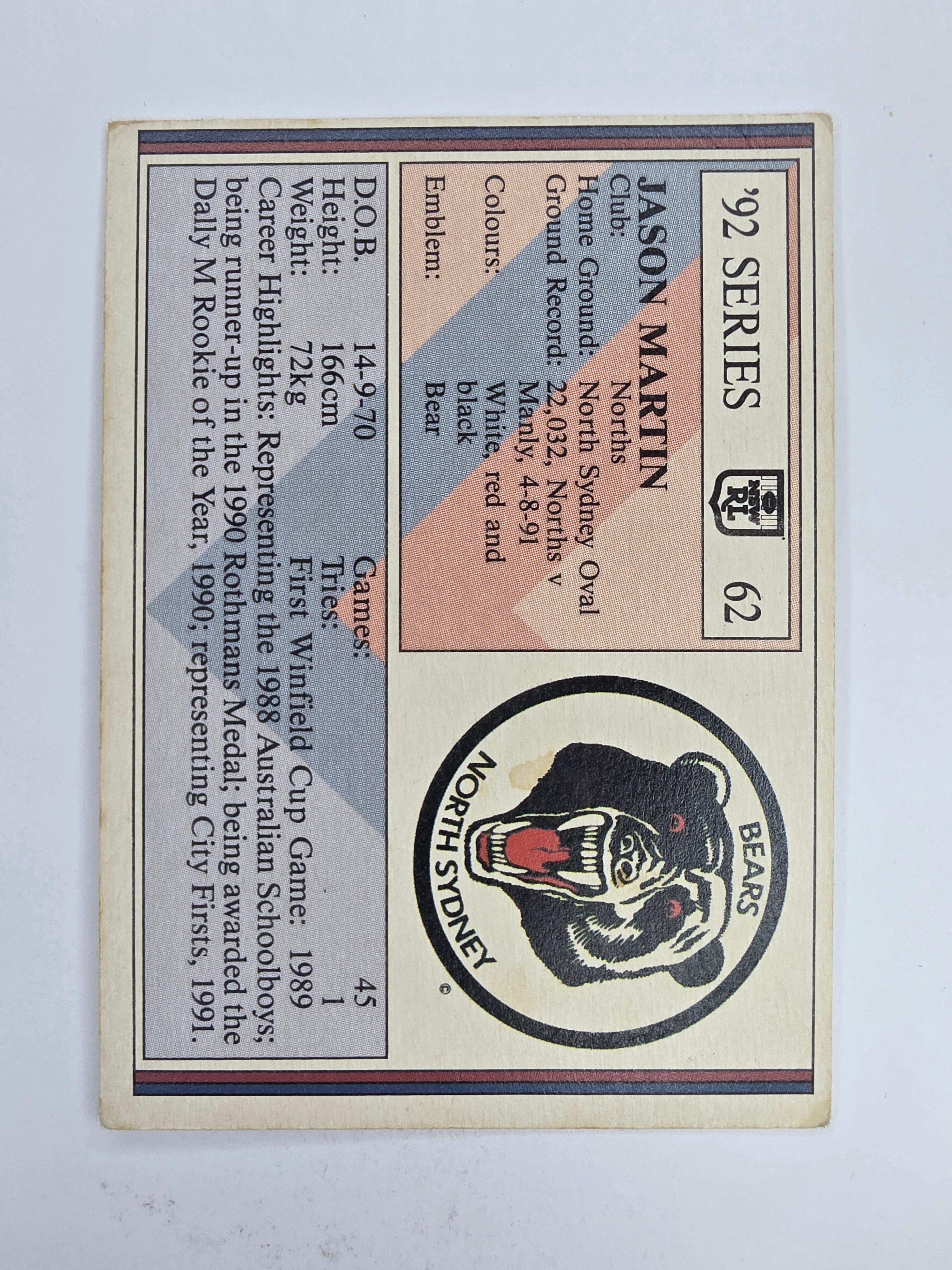 NRL 1992 Regina Base Card #62 Jason Martin North Sydney Bears