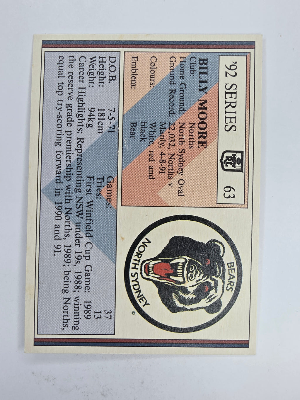 NRL 1992 Regina Base Card #63 Billy Moore North Sydney Bears