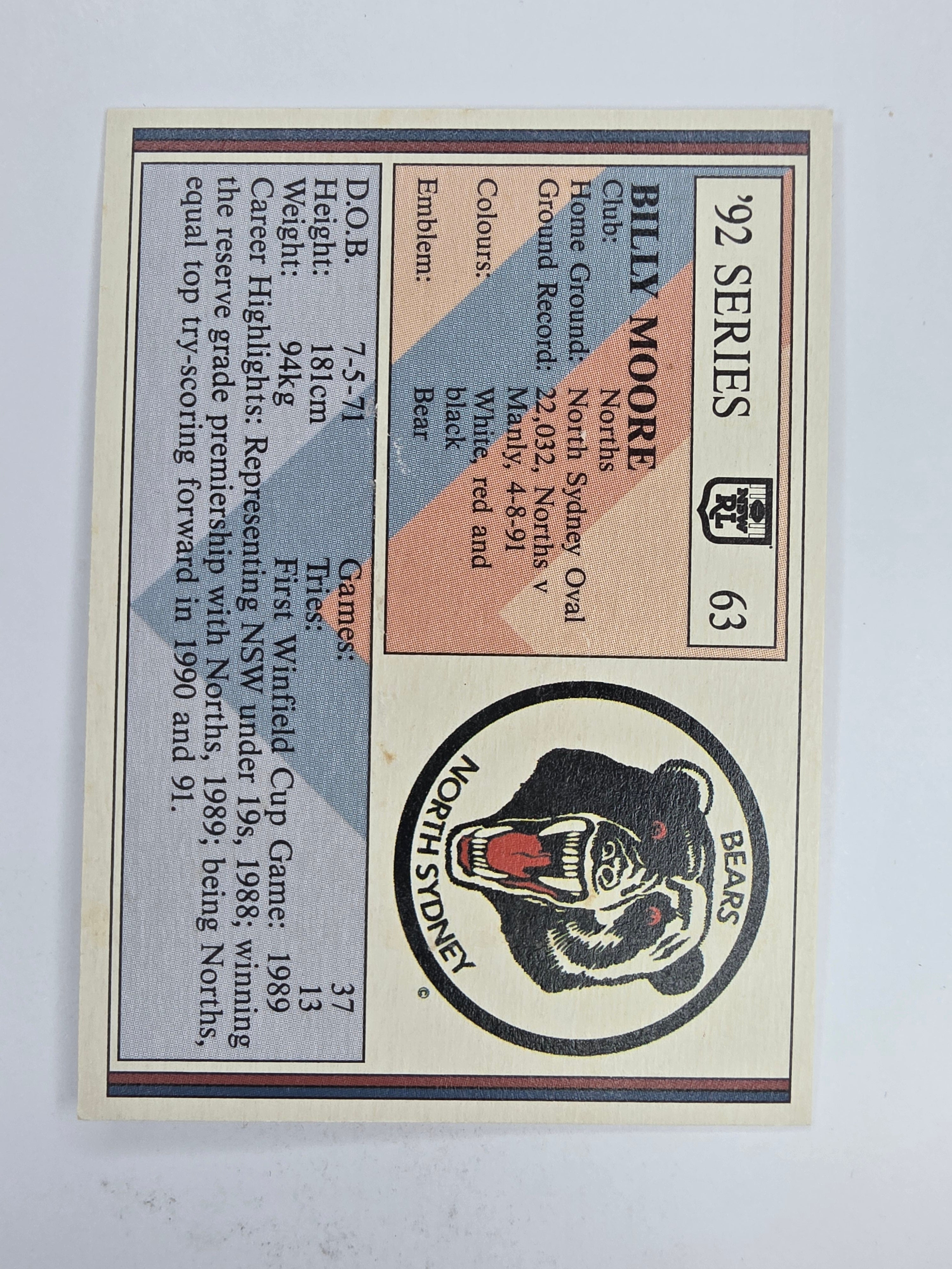 NRL 1992 Regina Base Card #63 Billy Moore North Sydney Bears