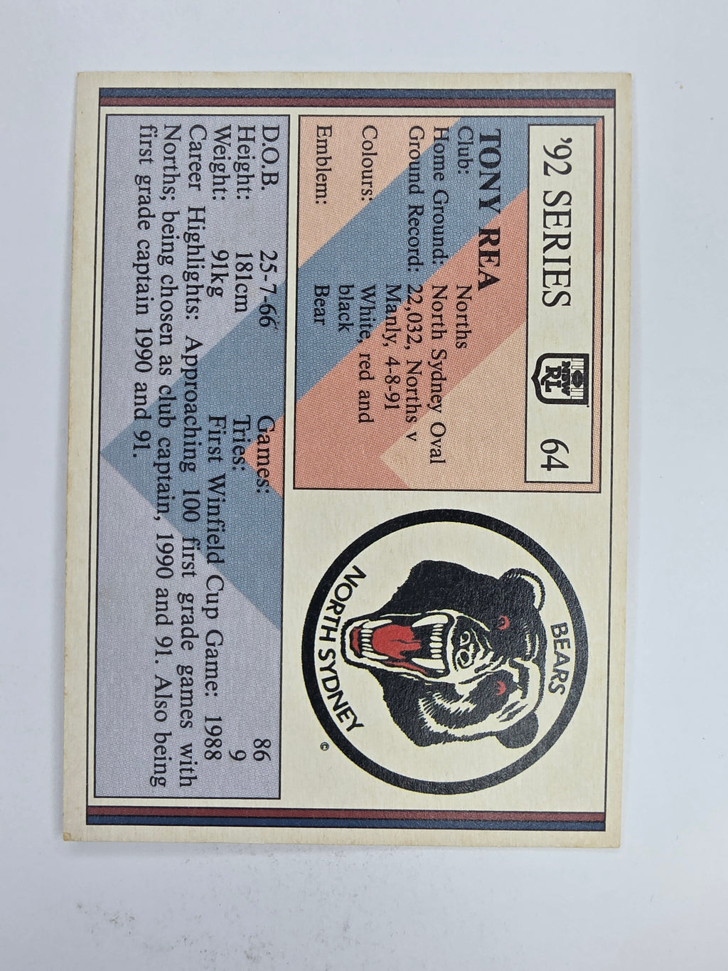 NRL 1992 Regina Base Card #64 Tony Rea North Sydney Bears