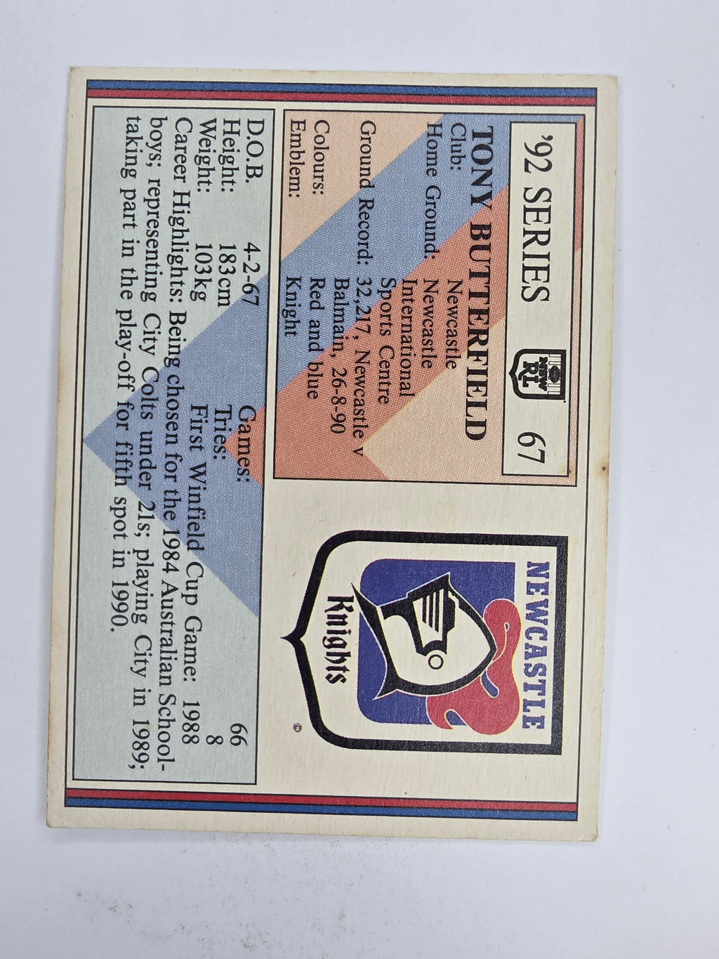 NRL 1992 Regina Base Card #67 Tony Butterfield Newcastle Knights